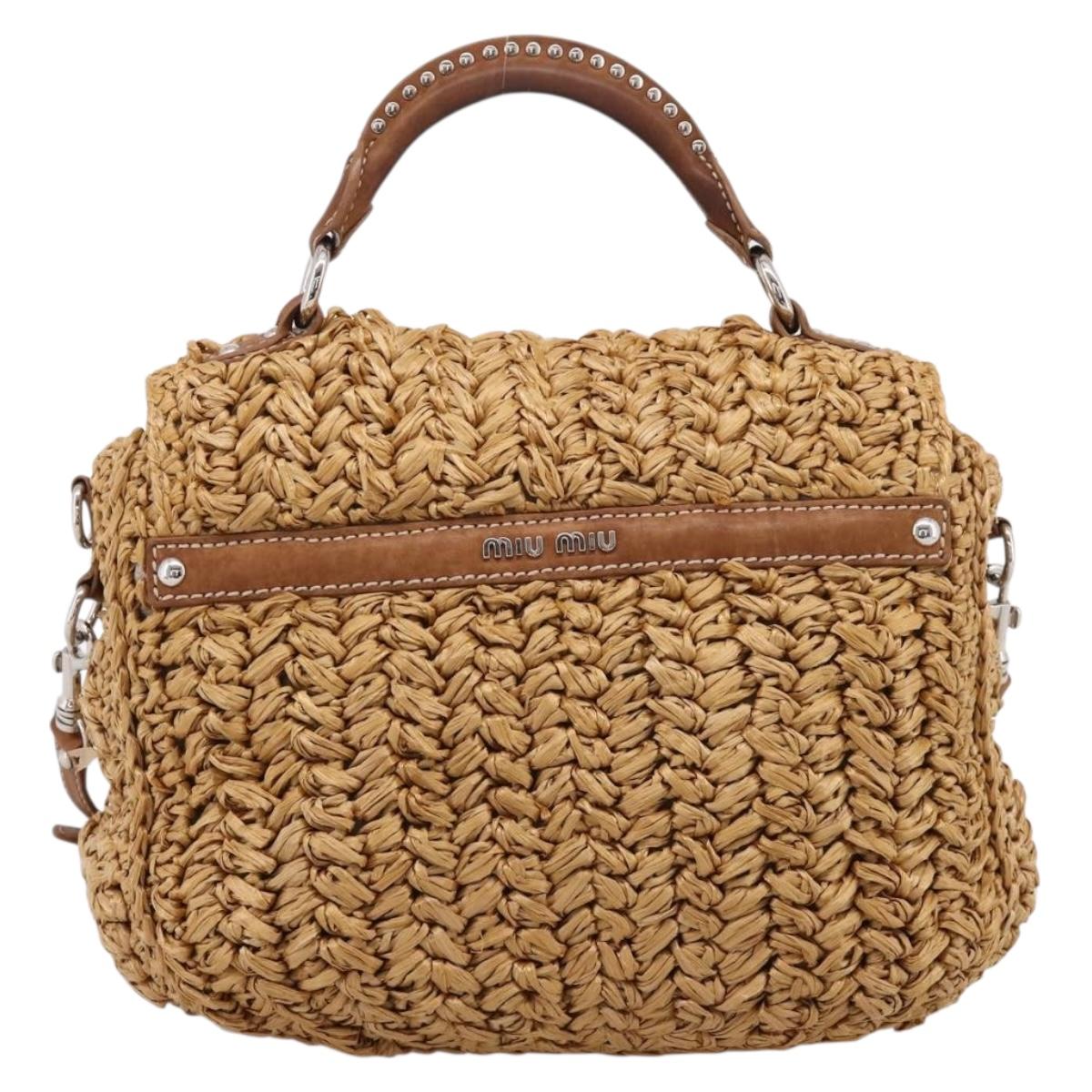 Miu Miu Hand Bag Raffia 2way Brown Silver Auth 167658M