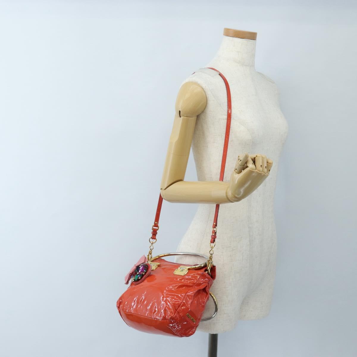 Miu Miu Hand Bag Patent leather 2way Orange Gold Auth 167664A