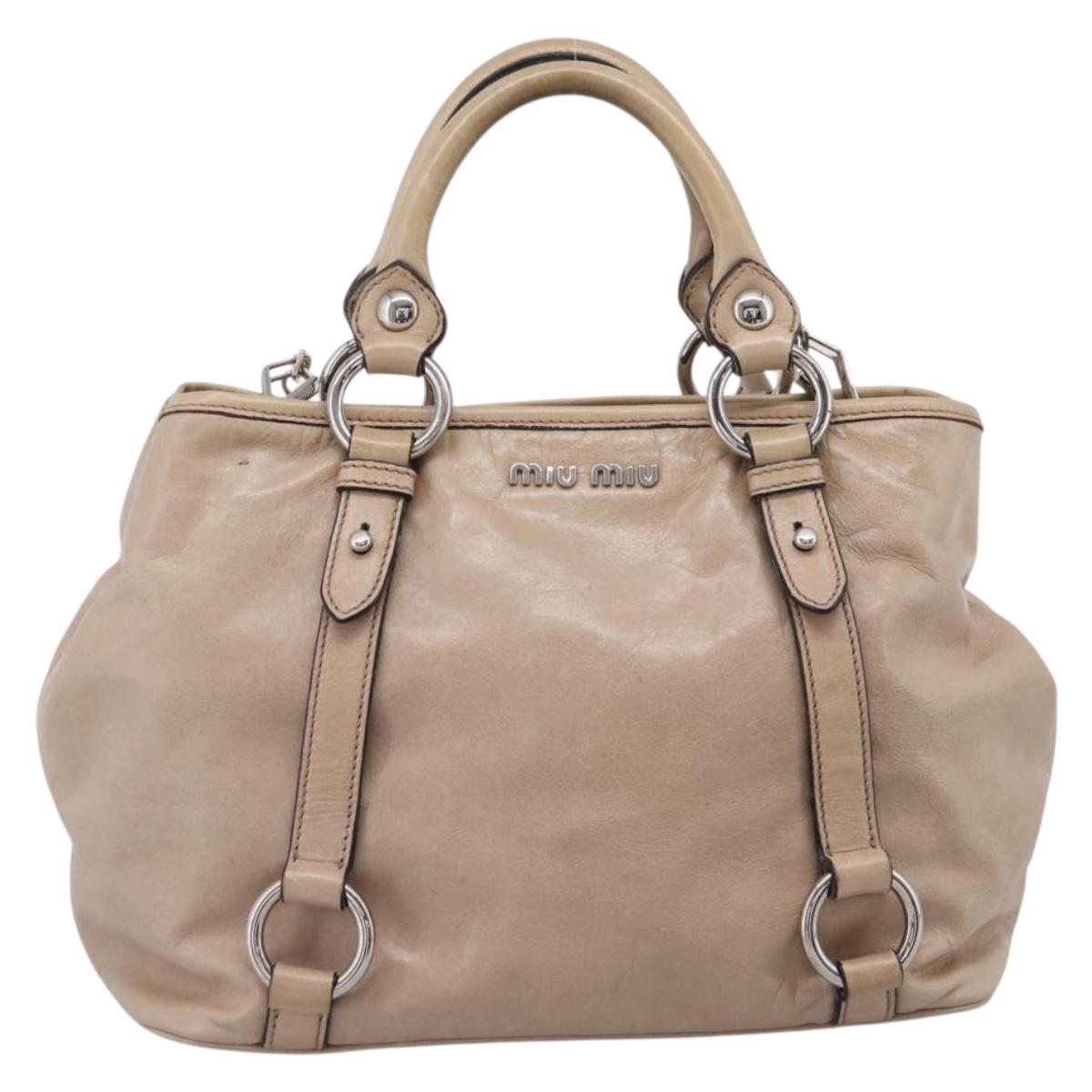 Miu Miu Hand Bag Leather 2way Beige Silver Auth 167730A