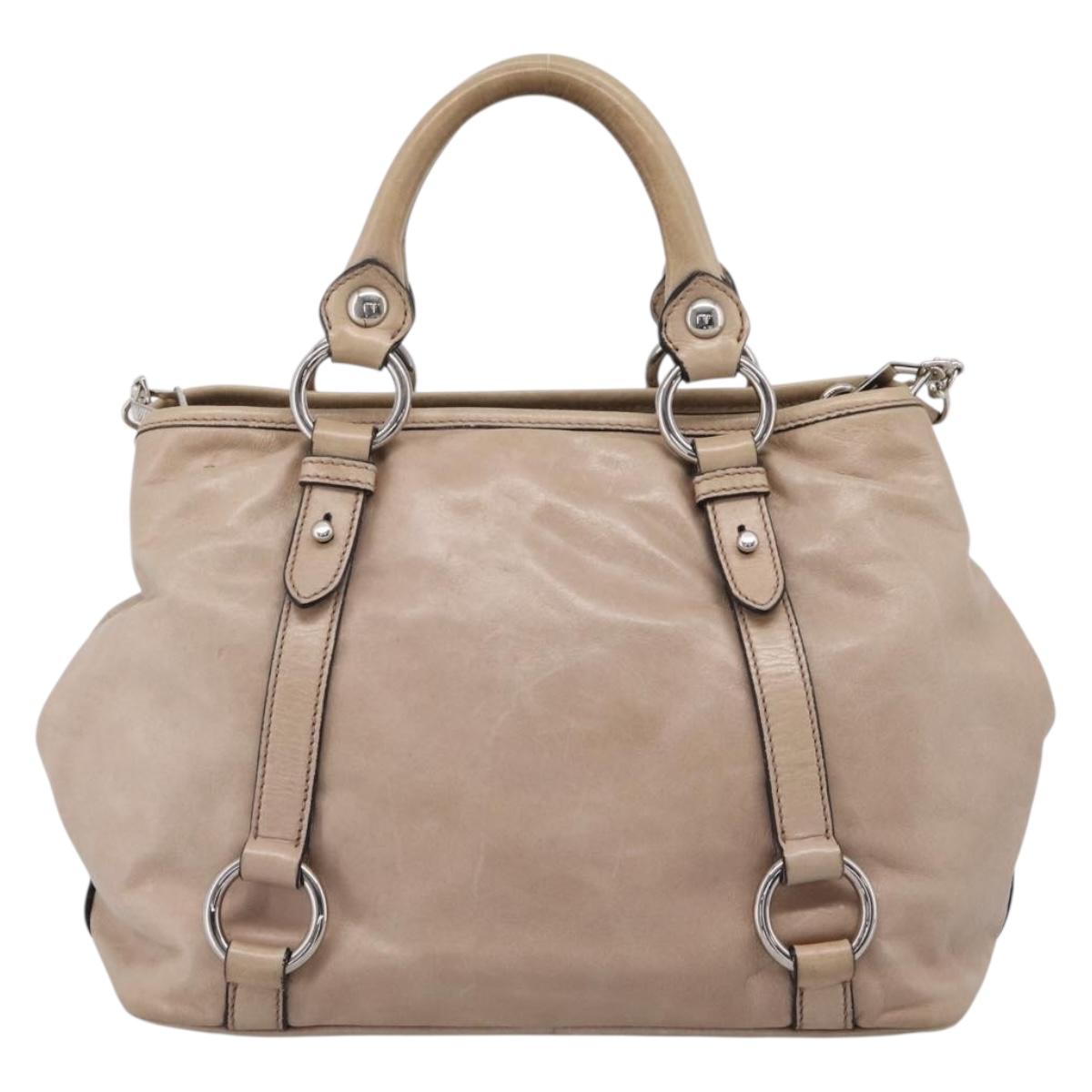 Miu Miu Hand Bag Leather 2way Beige Silver Auth 167730A
