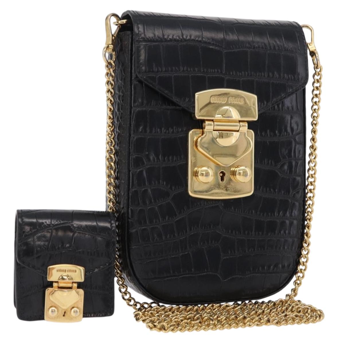 Miu Miu Phone Shoulder Bag Leather Black Gold Auth 167733A