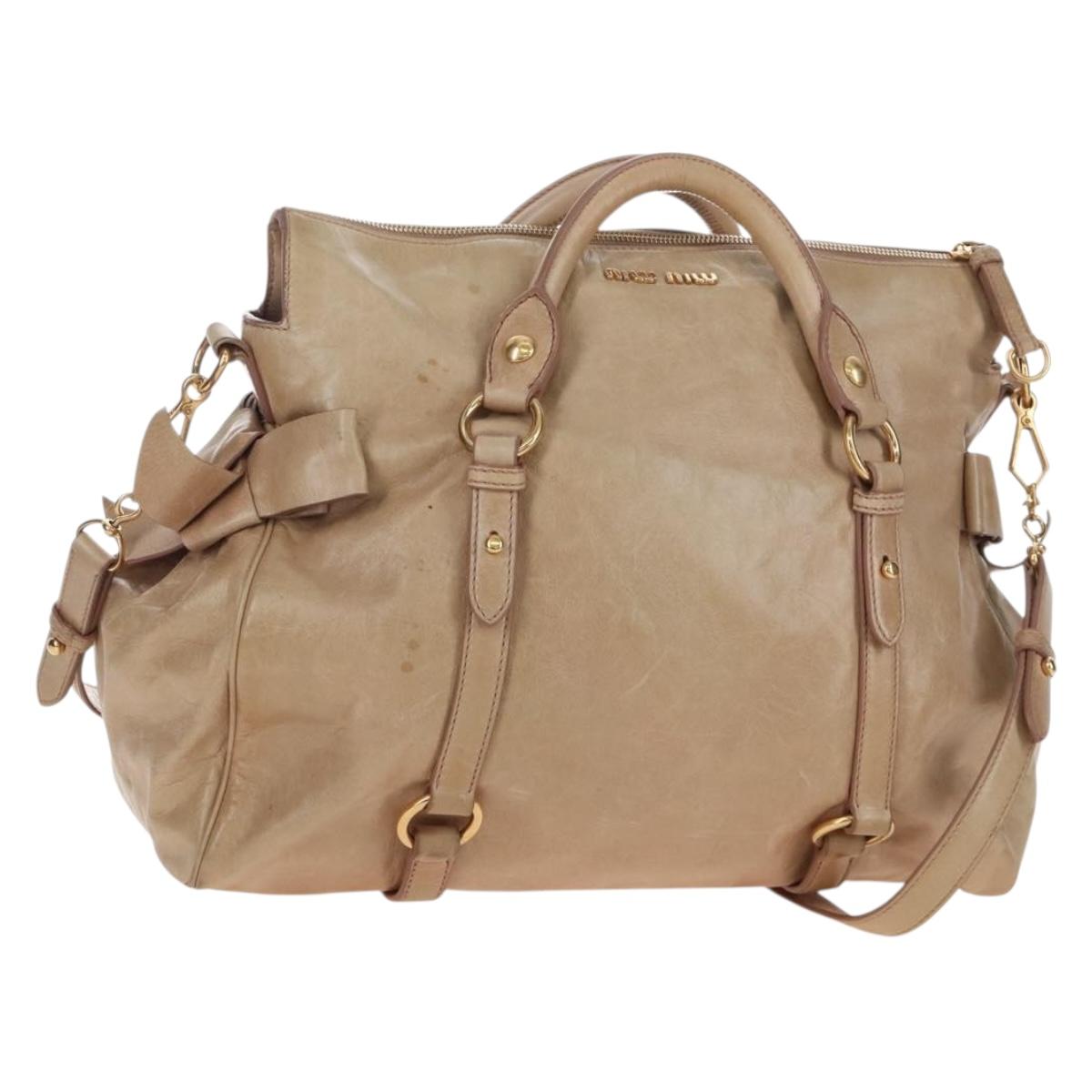Miu Miu Hand Bag Leather 2way Beige Gold Auth 167748M