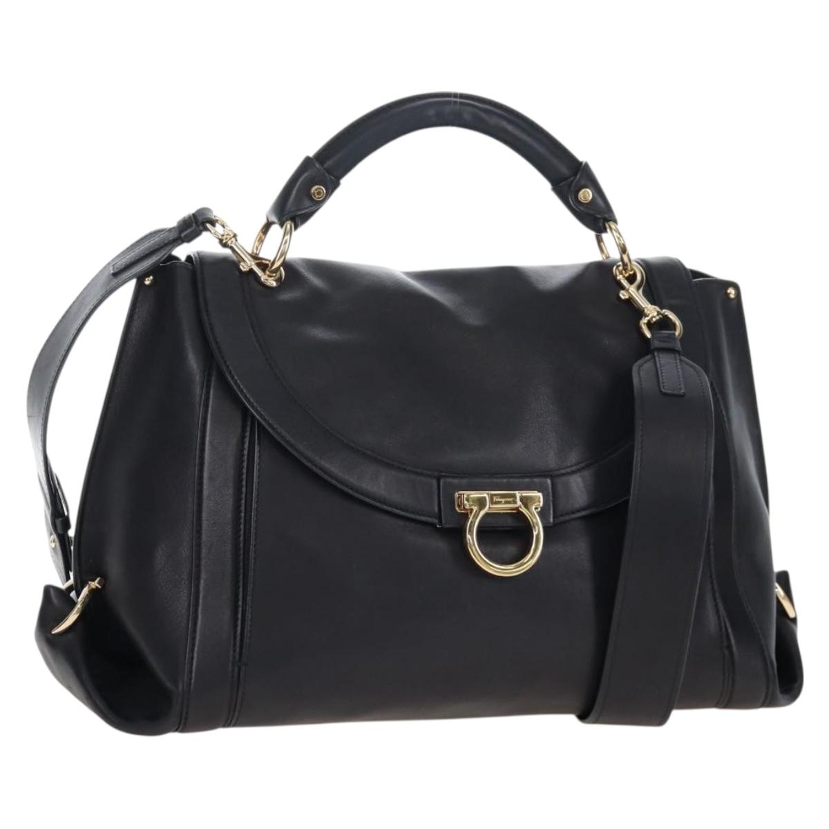 Salvatore Ferragamo Gancini Hand Bag Leather 2way Black Gold Auth 167785V