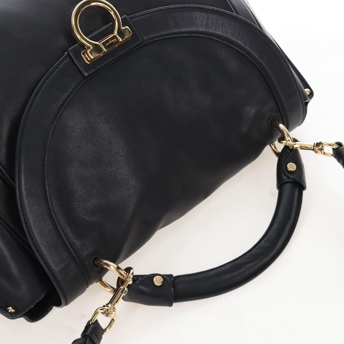Salvatore Ferragamo Gancini Hand Bag Leather 2way Black Gold Auth 167785V