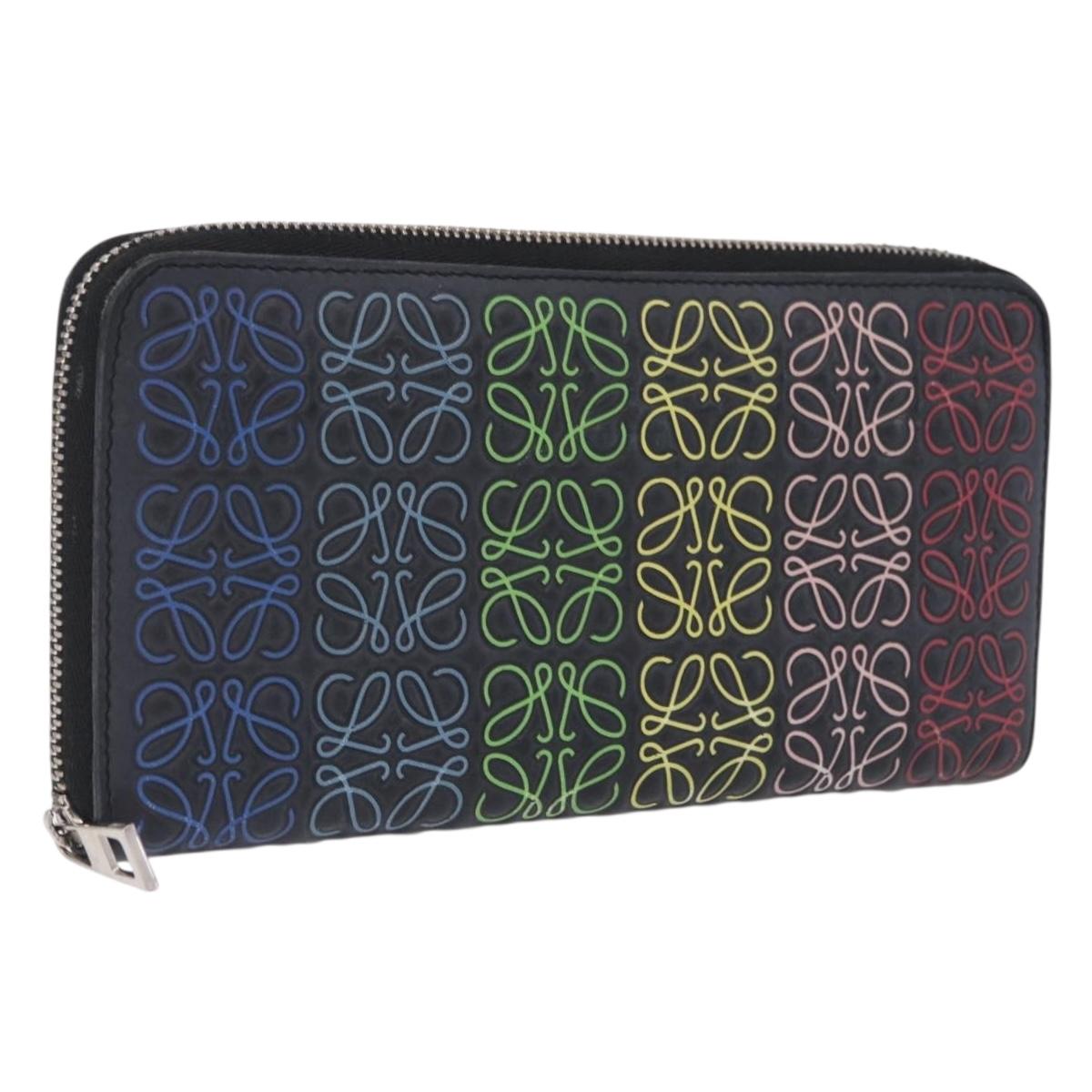 LOEWE Anagram Zippy Wallet Leather Silver Rainbow Auth 167801