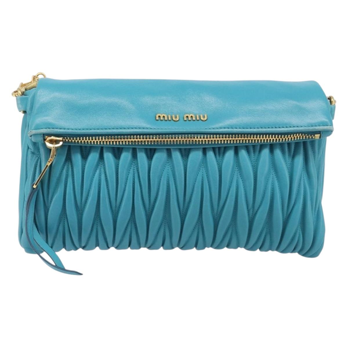 Miu Miu Matelasse Shoulder Bag Leather Turquoise Blue Gold Auth 167818M