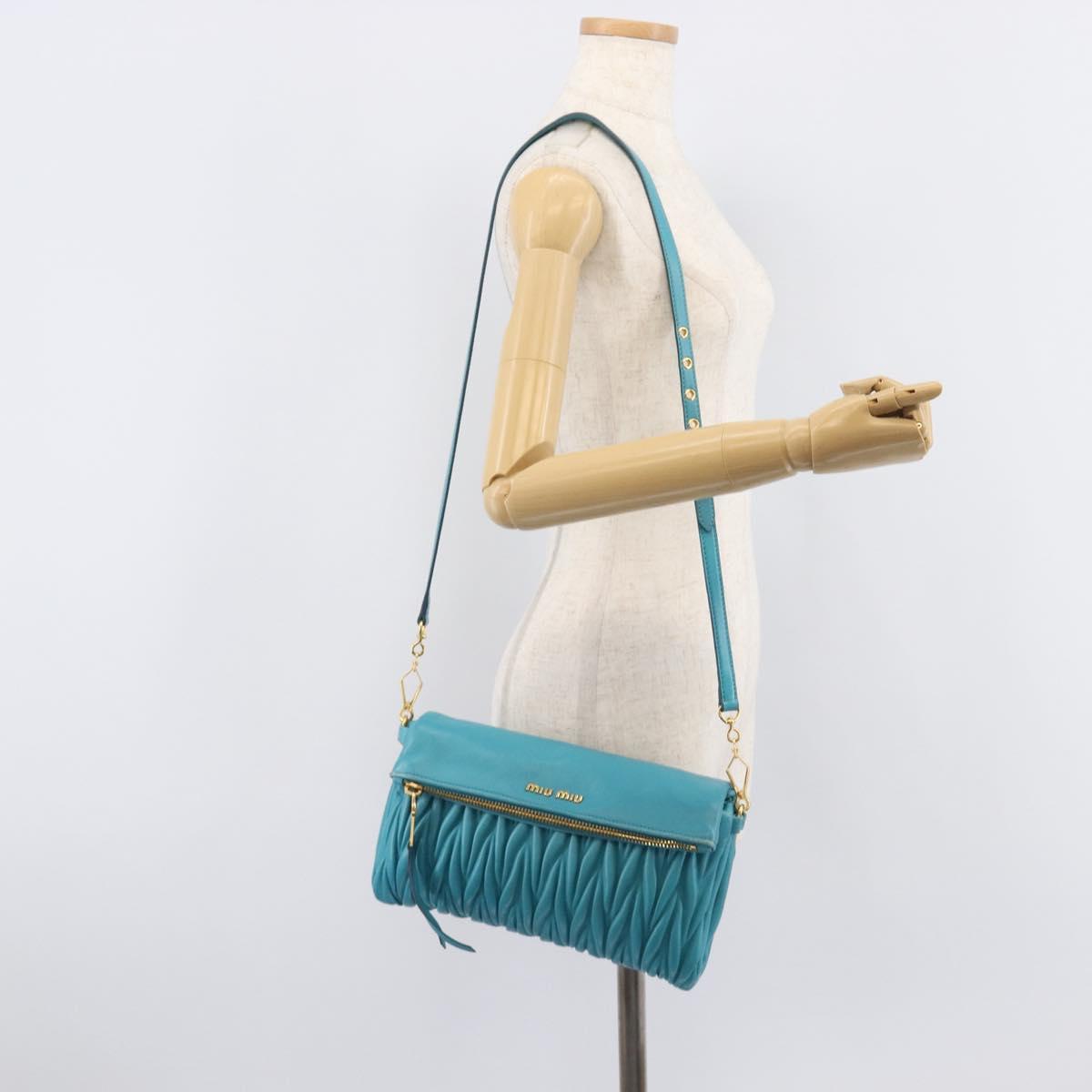 Miu Miu Matelasse Shoulder Bag Leather Turquoise Blue Gold Auth 167818M