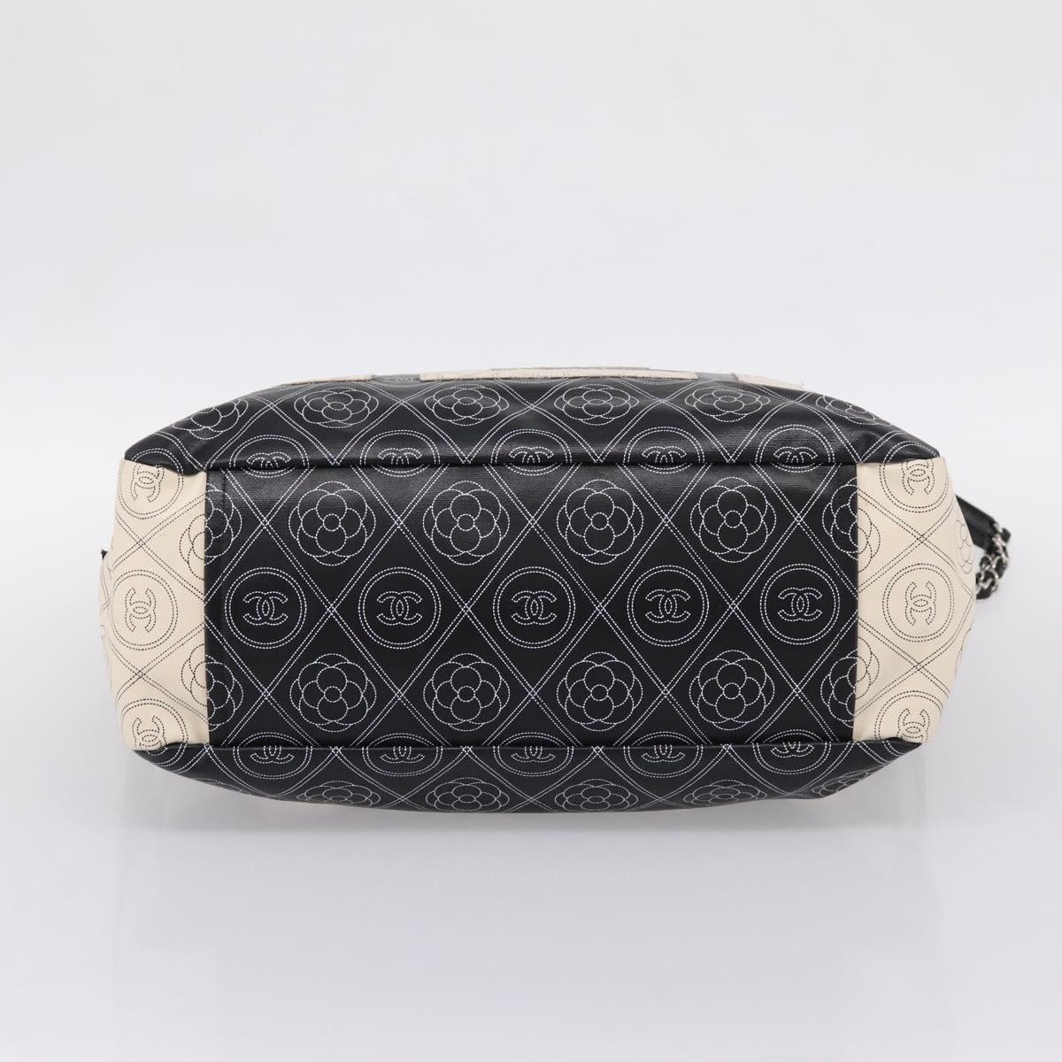 CHANEL Camelia Tote Bag Coated Canvas 2way White Black CC Auth 167819M