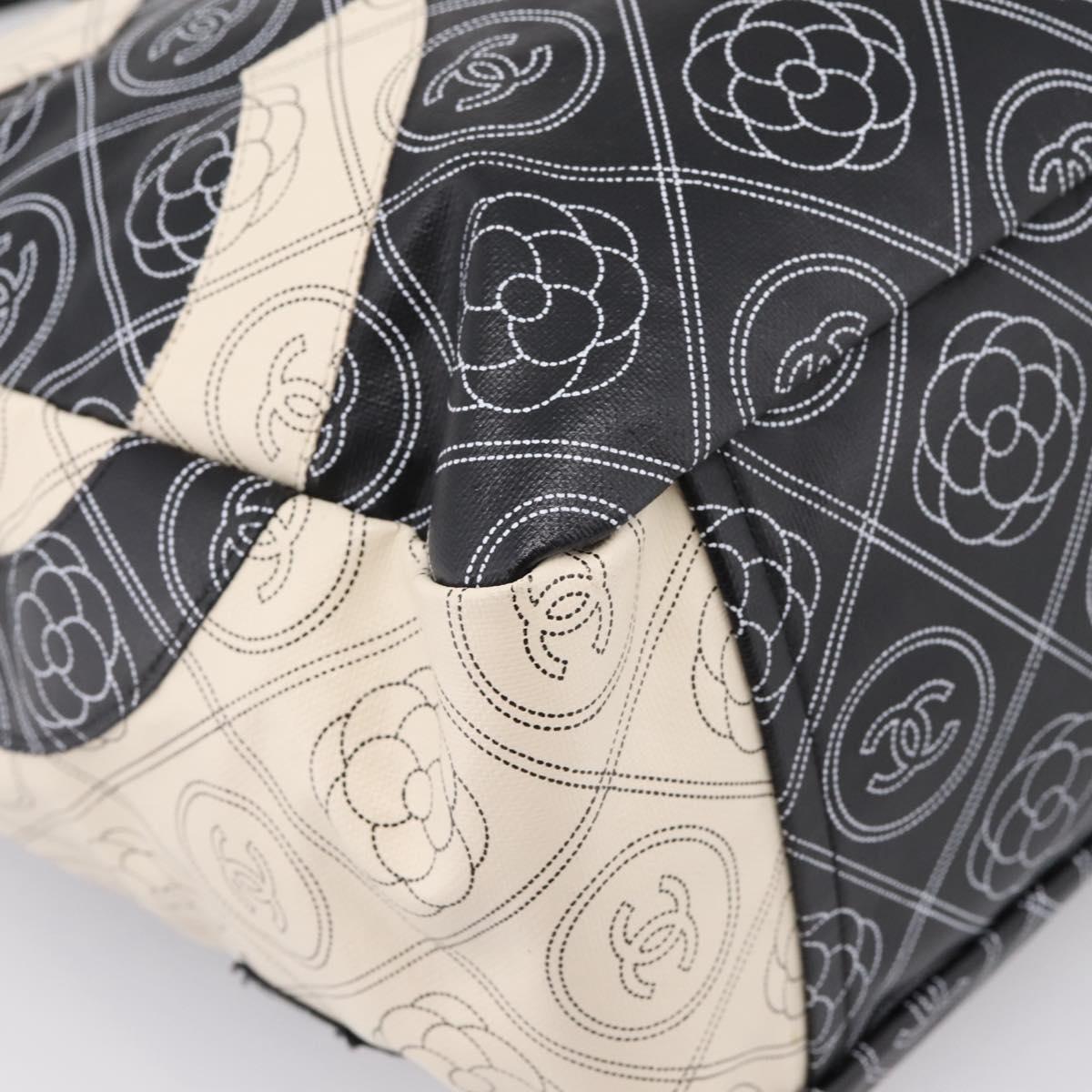 CHANEL Camelia Tote Bag Coated Canvas 2way White Black CC Auth 167819M