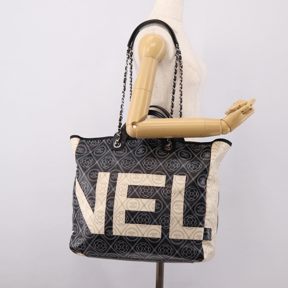 CHANEL Camelia Tote Bag Coated Canvas 2way White Black CC Auth 167819M
