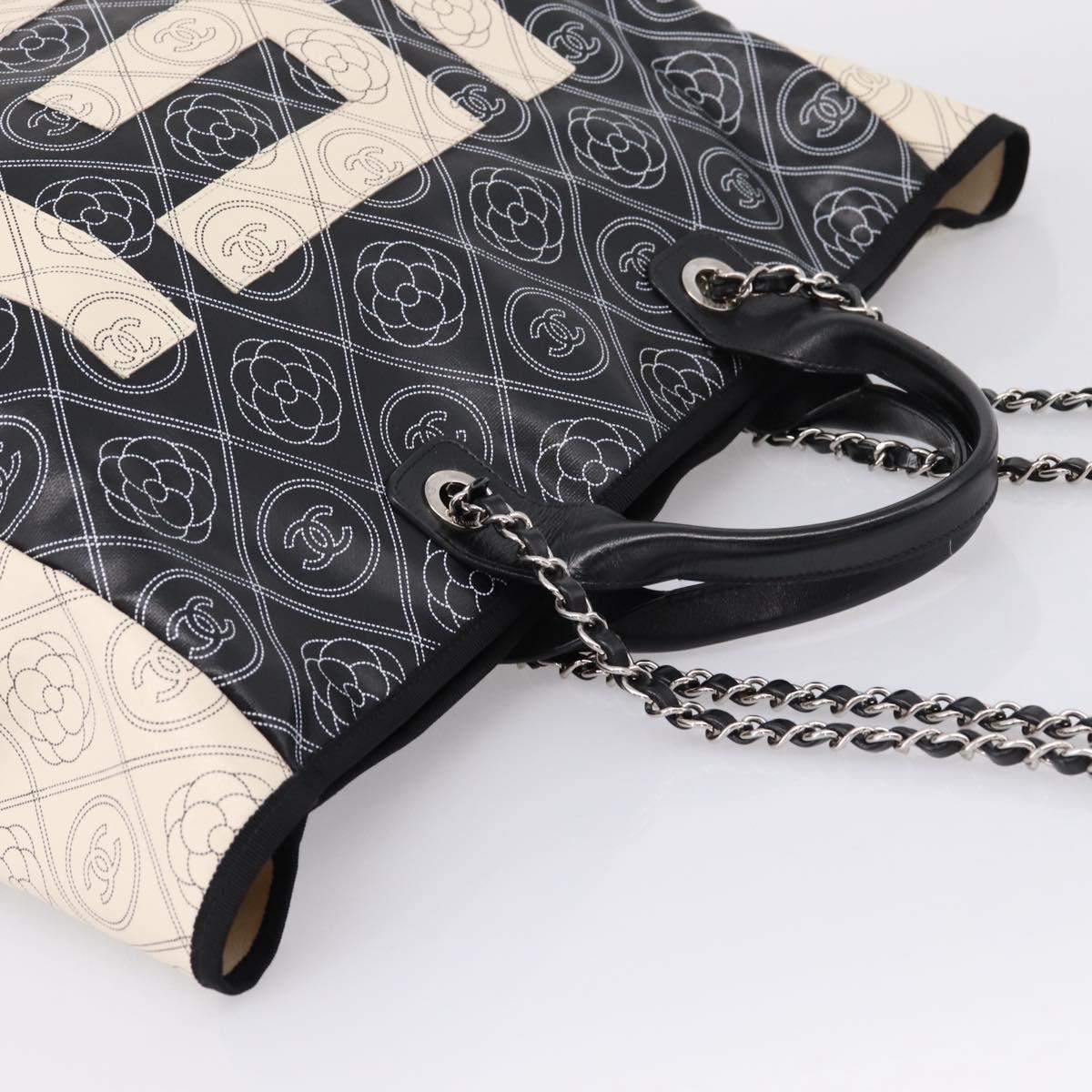 CHANEL Camelia Tote Bag Coated Canvas 2way White Black CC Auth 167819M
