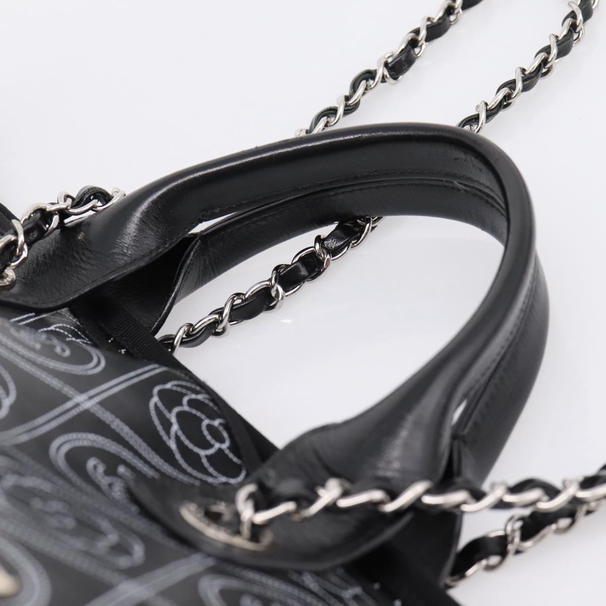 CHANEL Camelia Tote Bag Coated Canvas 2way White Black CC Auth 167819M