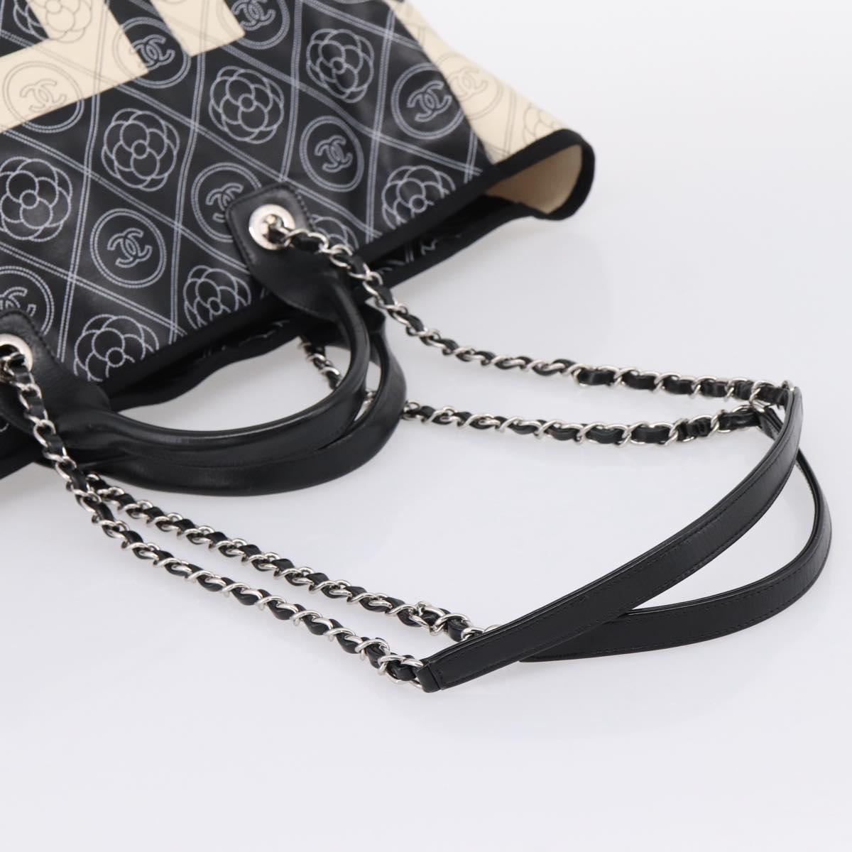 CHANEL Camelia Tote Bag Coated Canvas 2way White Black CC Auth 167819M