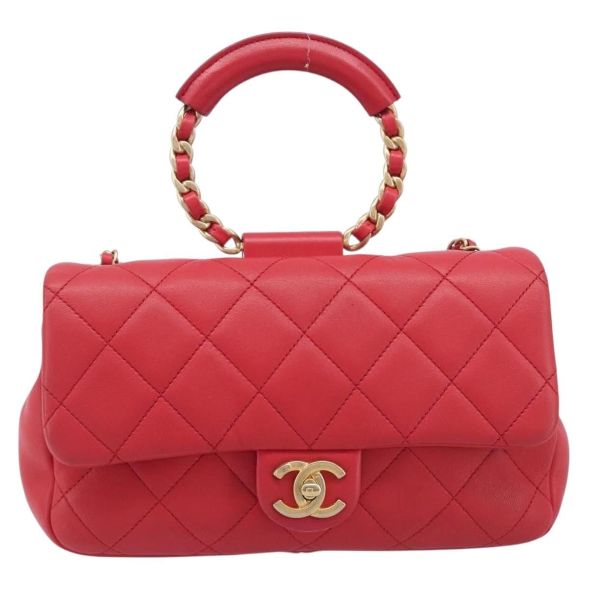 CHANEL Matelasse25 Hand Bag Lamb Skin 2way Red Gold CC Auth 167820SAM