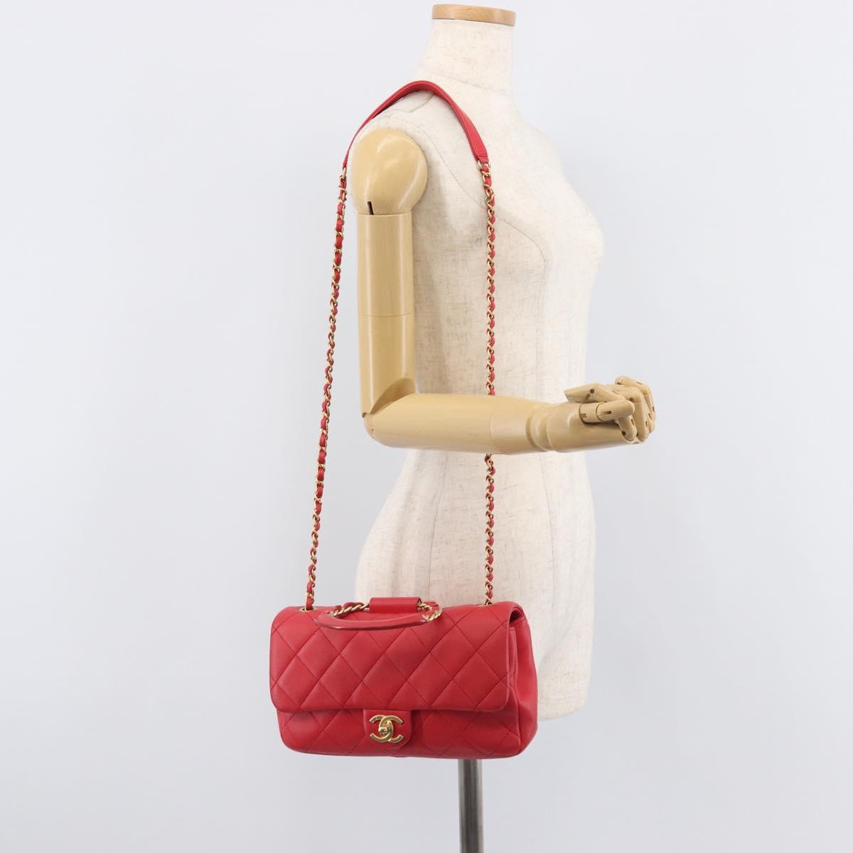 CHANEL Matelasse25 Hand Bag Lamb Skin 2way Red Gold CC Auth 167820SAM