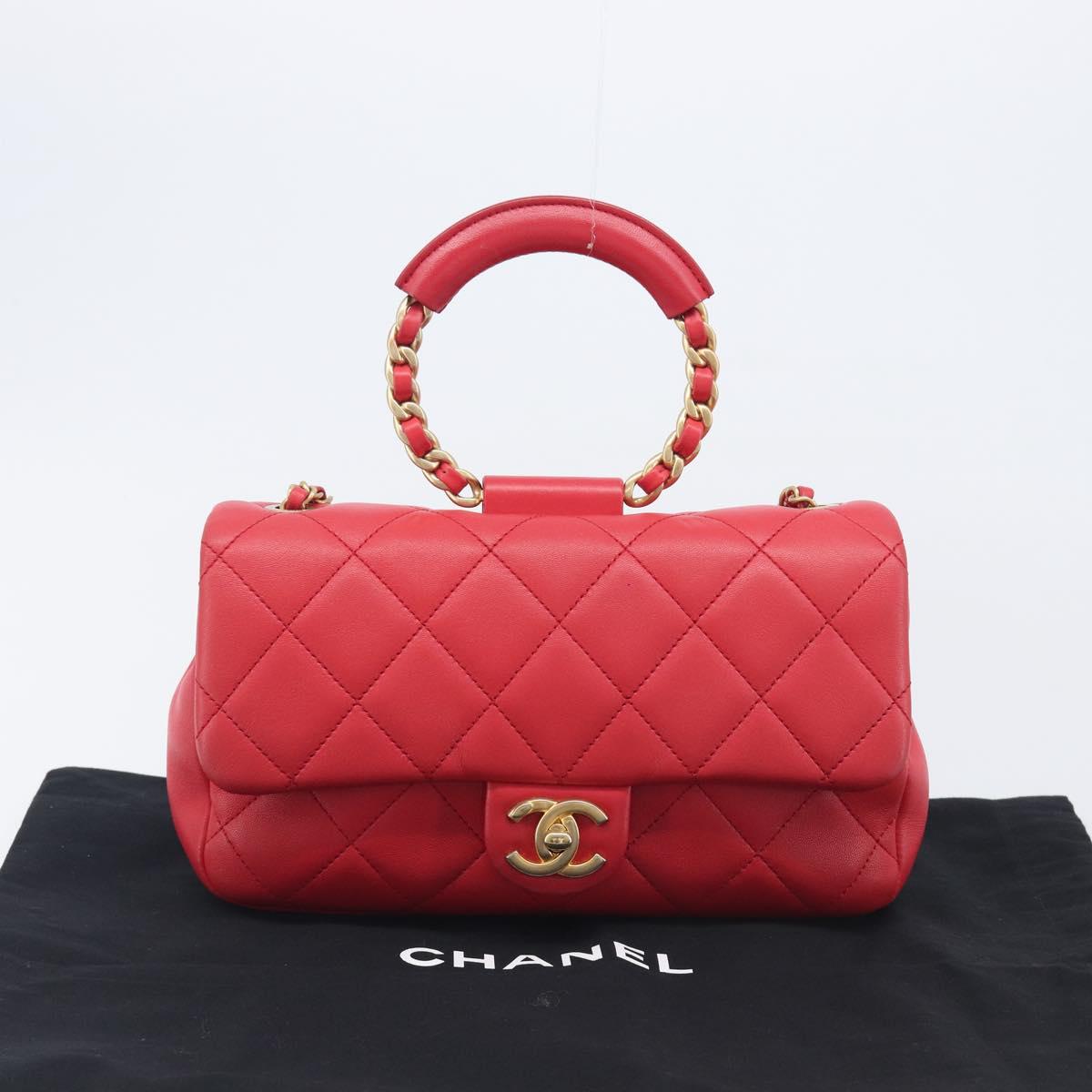 CHANEL Matelasse25 Hand Bag Lamb Skin 2way Red Gold CC Auth 167820SAM