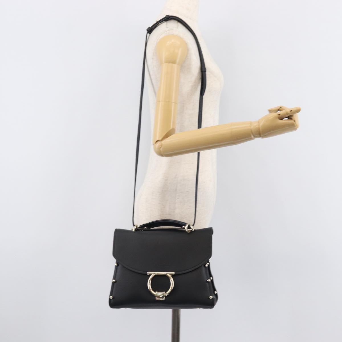 Salvatore Ferragamo Gancini Hand Bag Leather 2way Black Gold Auth 167828V