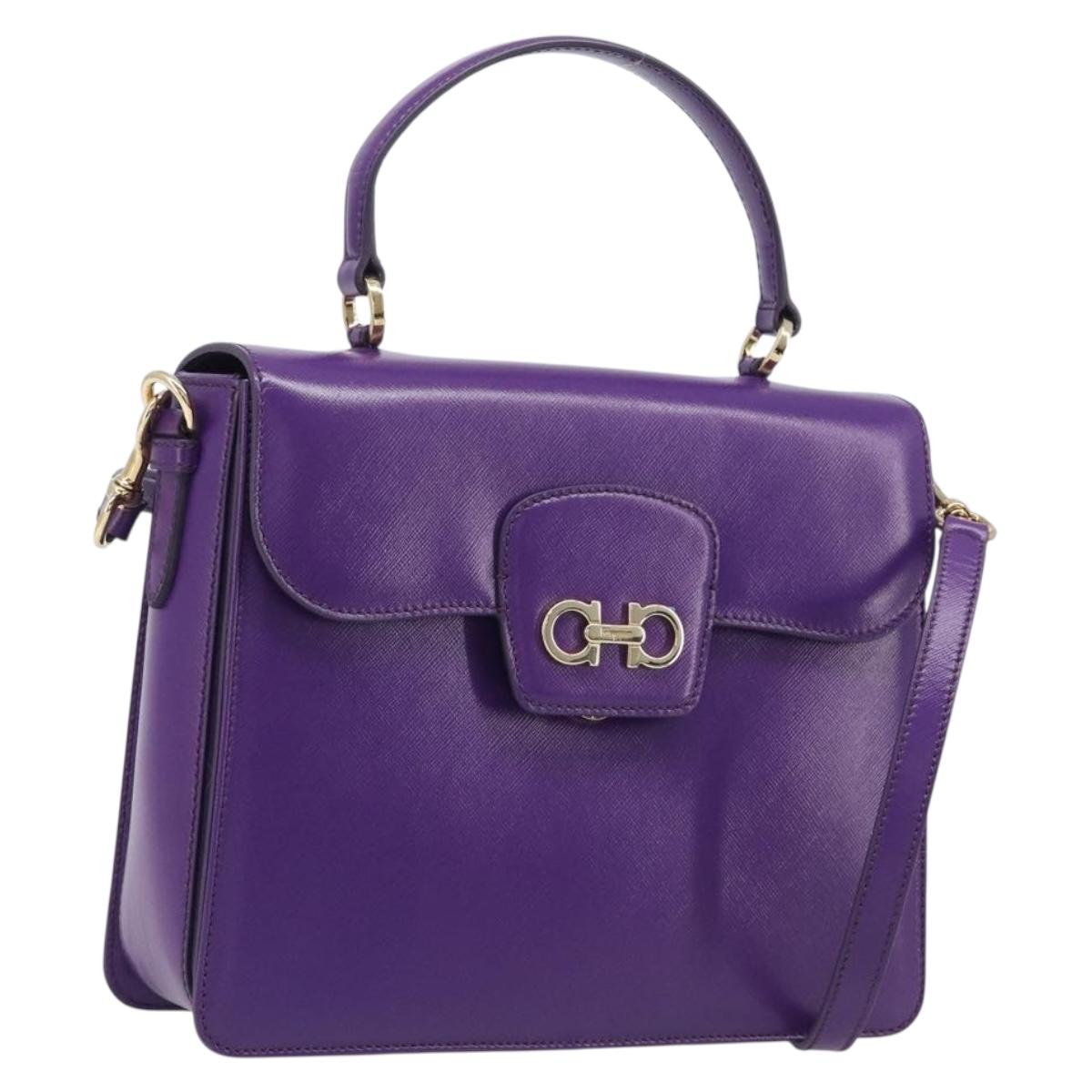 Salvatore Ferragamo Gancini Hand Bag Leather 2way Purple Gold Auth 167829V