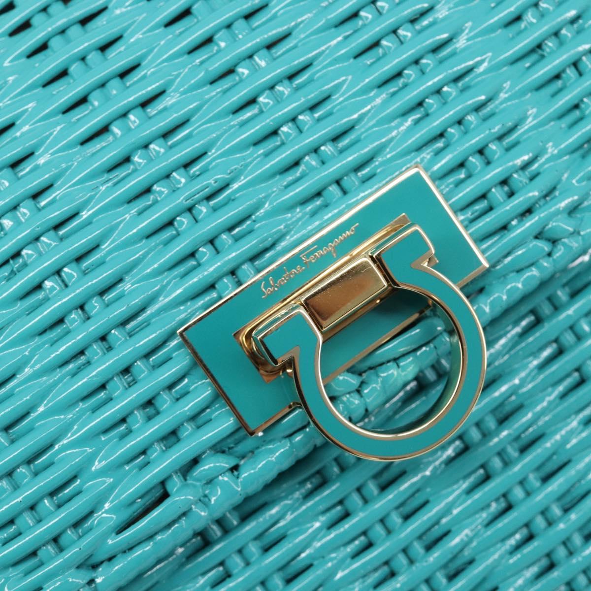 Salvatore Ferragamo Gancini Hand Bag Rattan Turquoise Blue Gold Auth 167831V