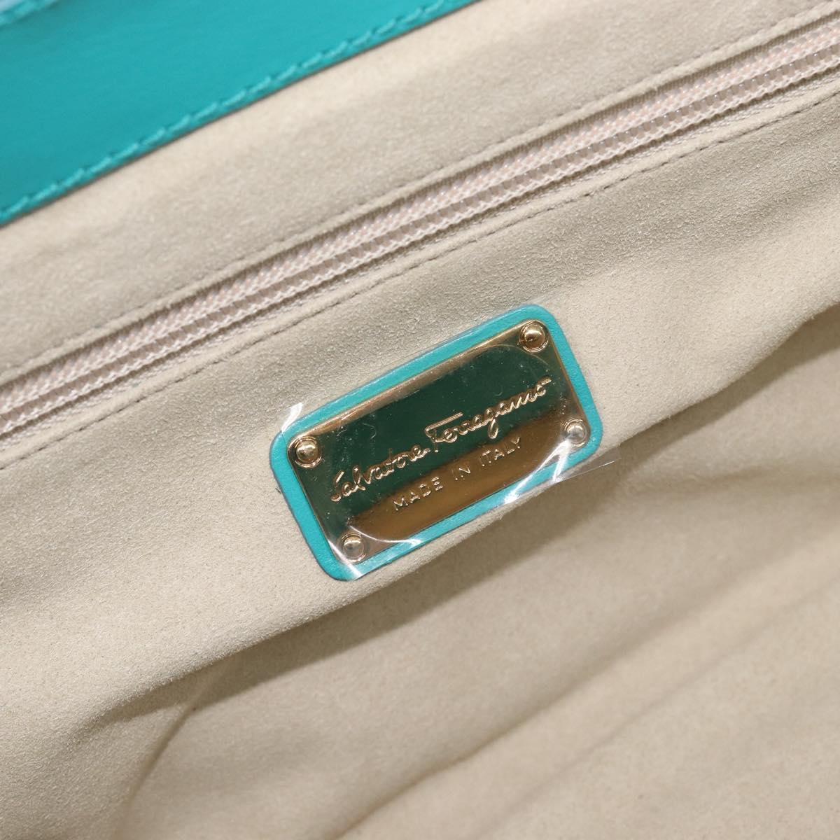 Salvatore Ferragamo Gancini Hand Bag Rattan Turquoise Blue Gold Auth 167831V