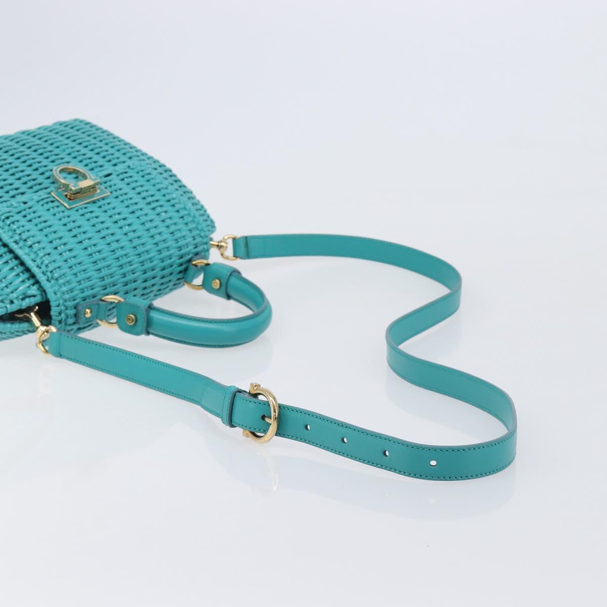 Salvatore Ferragamo Gancini Hand Bag Rattan Turquoise Blue Gold Auth 167831V