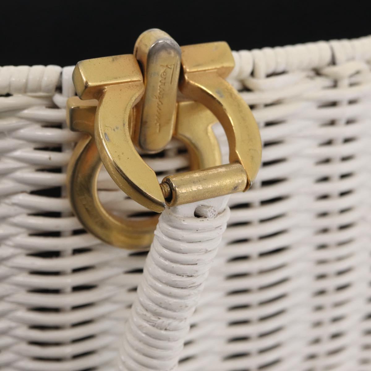 Salvatore Ferragamo Ganchei Hand Bag Rattan White Gold Auth 167833A