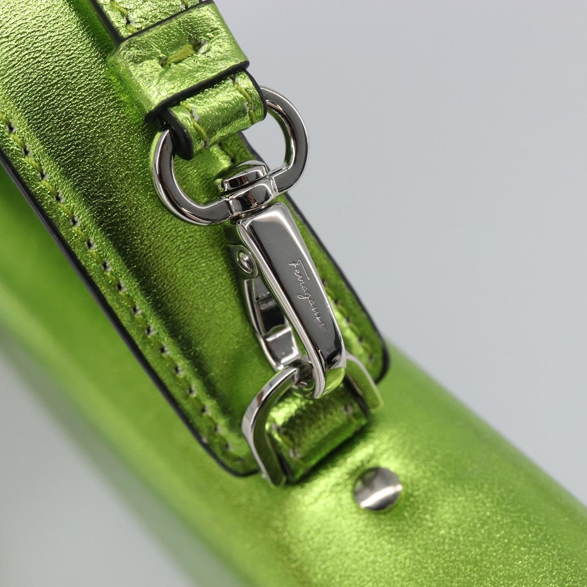 Salvatore Ferragamo Gancini Hand Wallet Leather 2way Metallic Green Auth 167835V