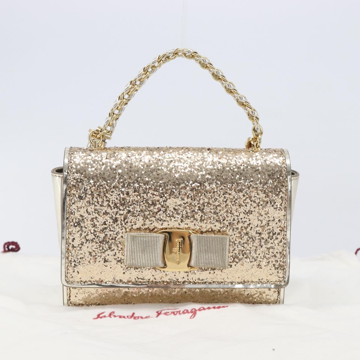 Salvatore Ferragamo Vala Chain Hand Bag Enamel 2way Champagne Gold Auth 167836V