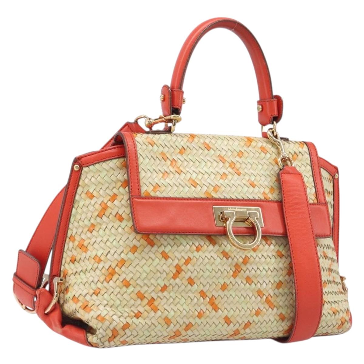 Salvatore Ferragamo Hand Bag Leather 2way Orange Gold Auth 167837A