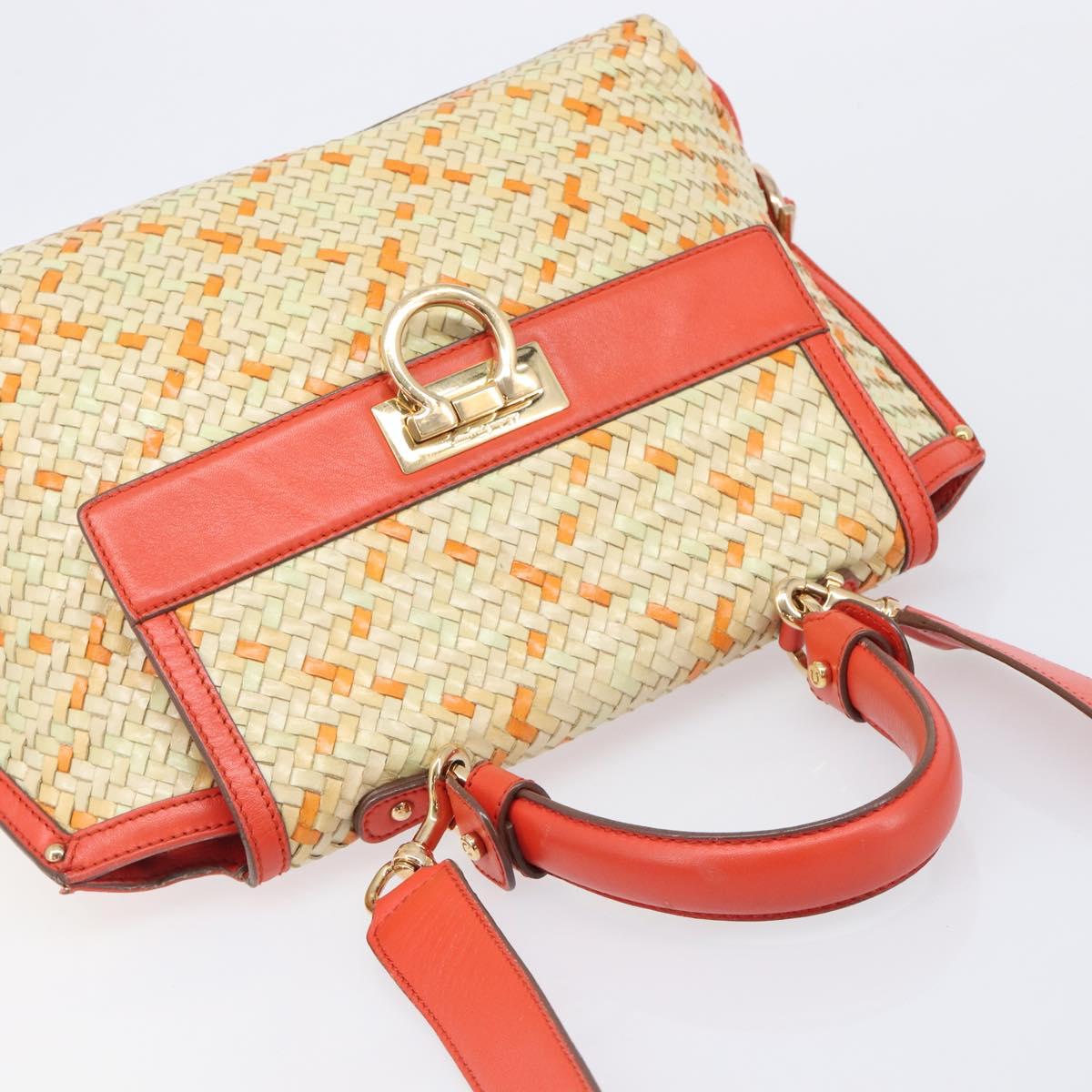 Salvatore Ferragamo Hand Bag Leather 2way Orange Gold Auth 167837A