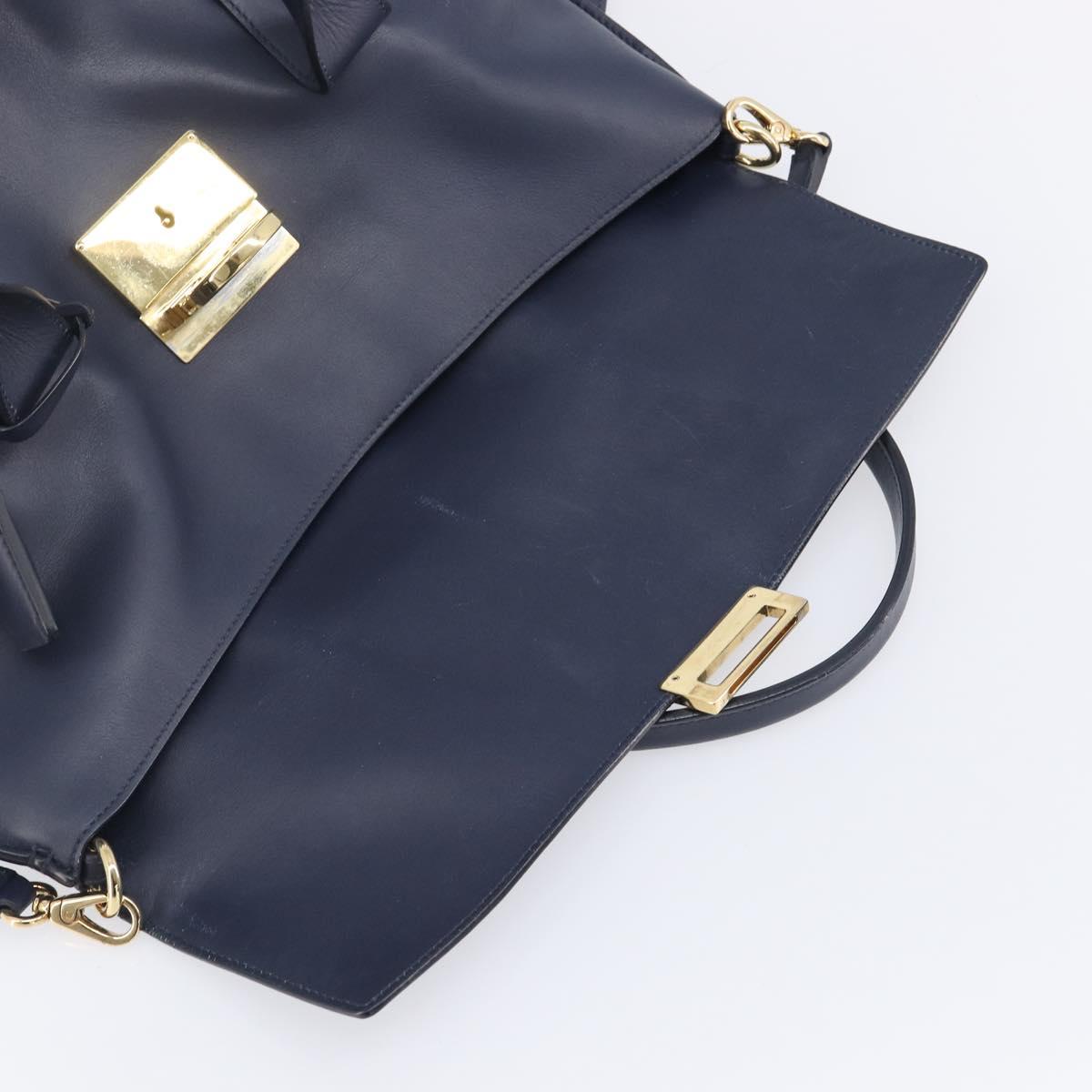 Salvatore Ferragamo Hand Bag Leather 2way Navy Gold Auth 167838A