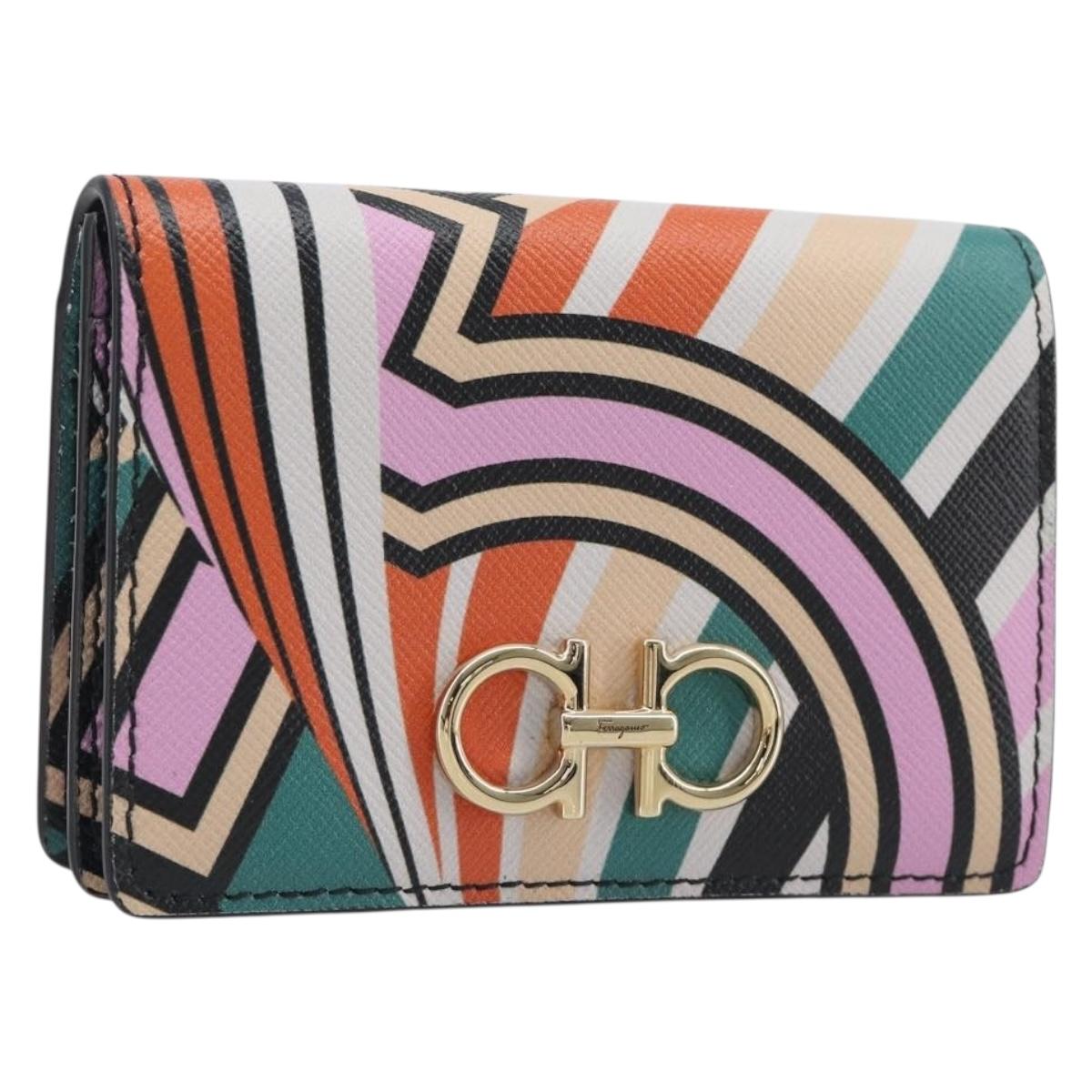 Salvatore Ferragamo Gancini Card Case Leather Multicolor Gold Auth 167840M
