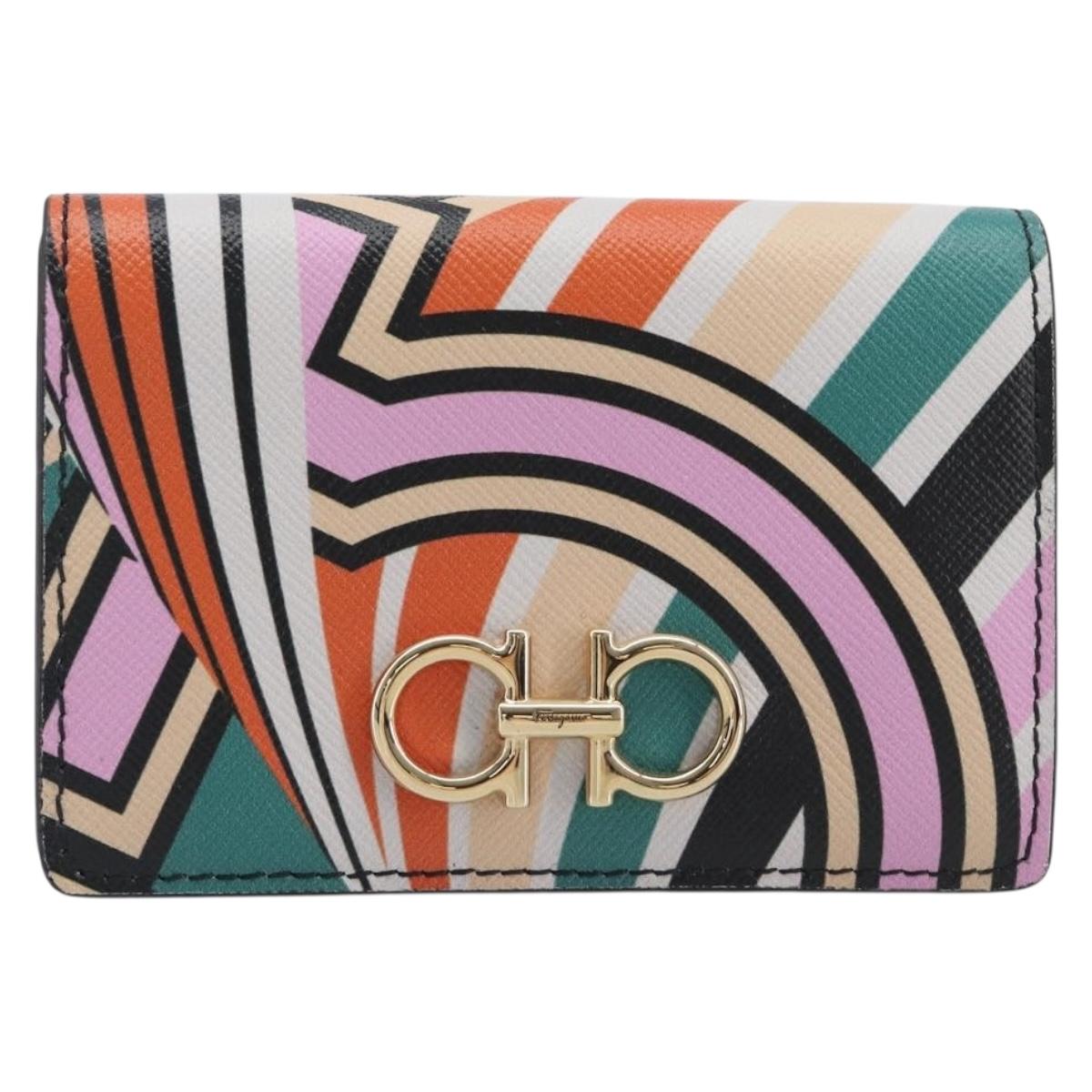 Salvatore Ferragamo Gancini Card Case Leather Multicolor Gold Auth 167840M