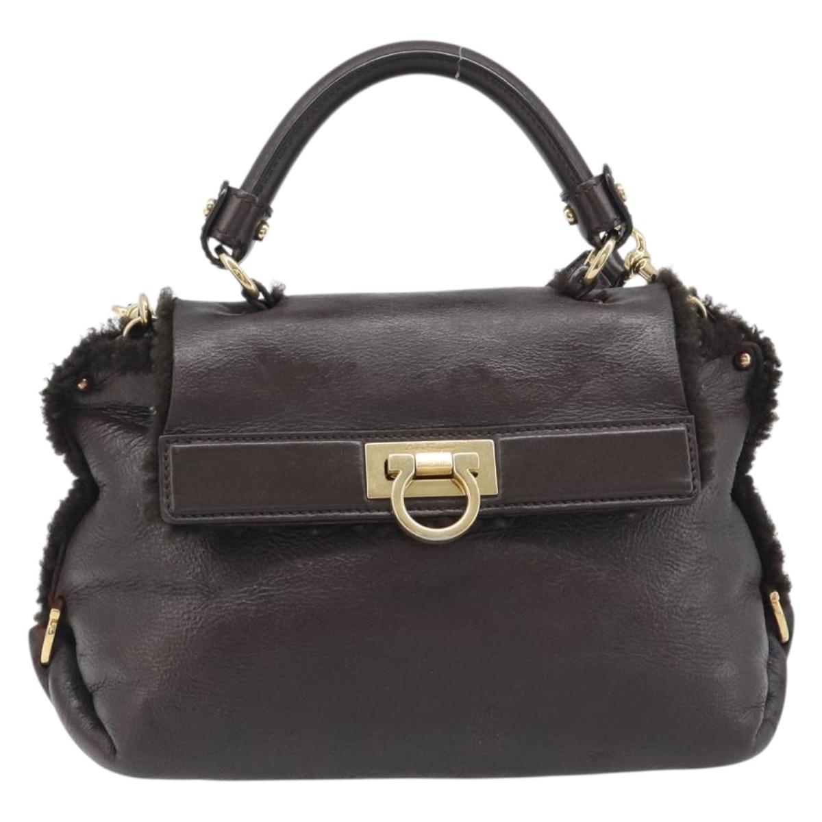Salvatore Ferragamo Hand Bag Leather 2way Brown Gold Auth 167842A