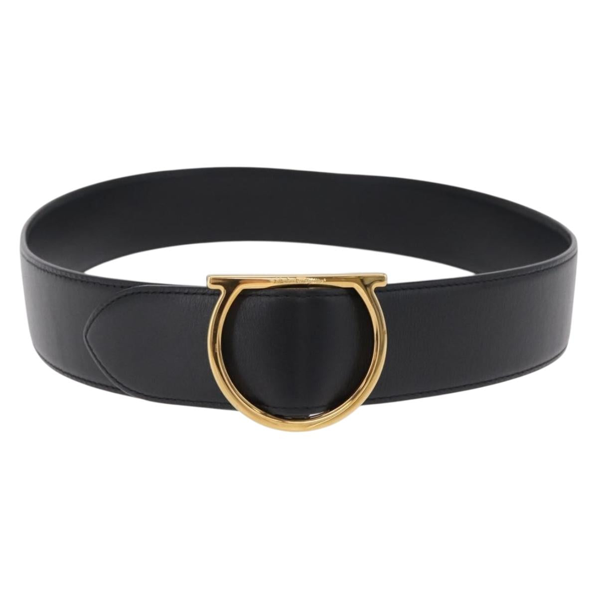 Salvatore Ferragamo Gancini Belt Leather 34.6"" Black Gold Auth 167844A