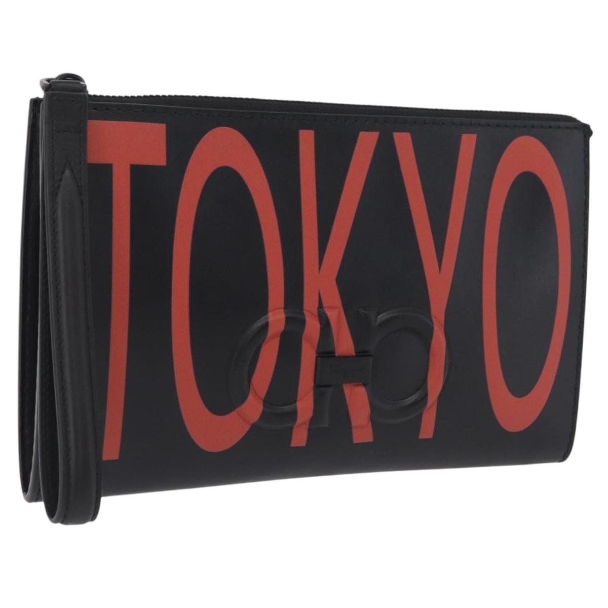 Salvatore Ferragamo Gancini Clutch Bag Leather Black Auth 167845V