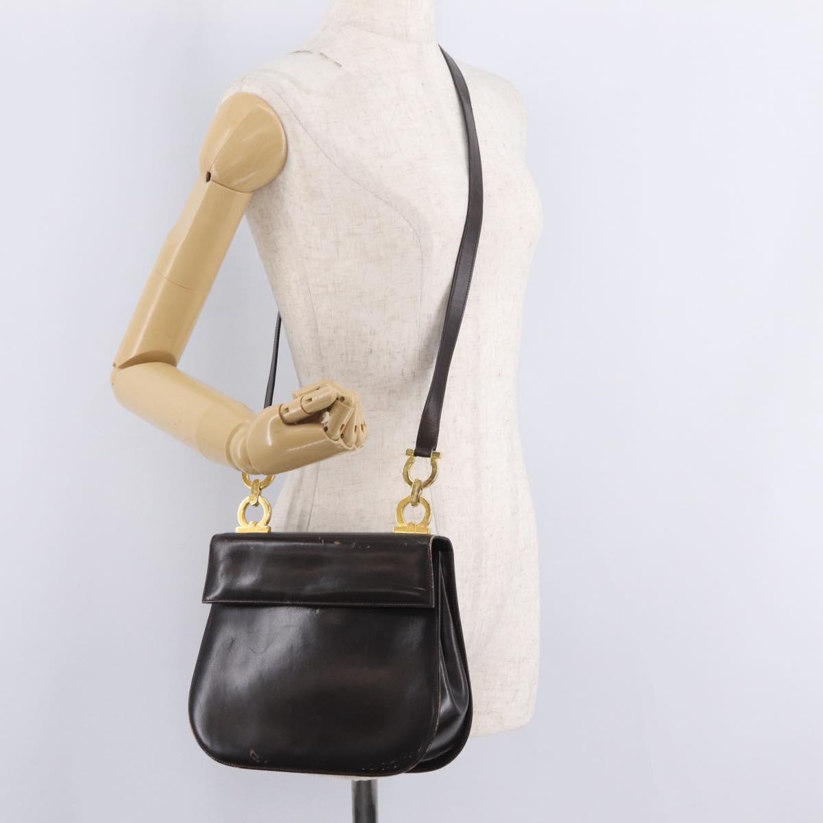 Salvatore Ferragamo Gancini Shoulder Bag Leather Brown Gold Auth 167846