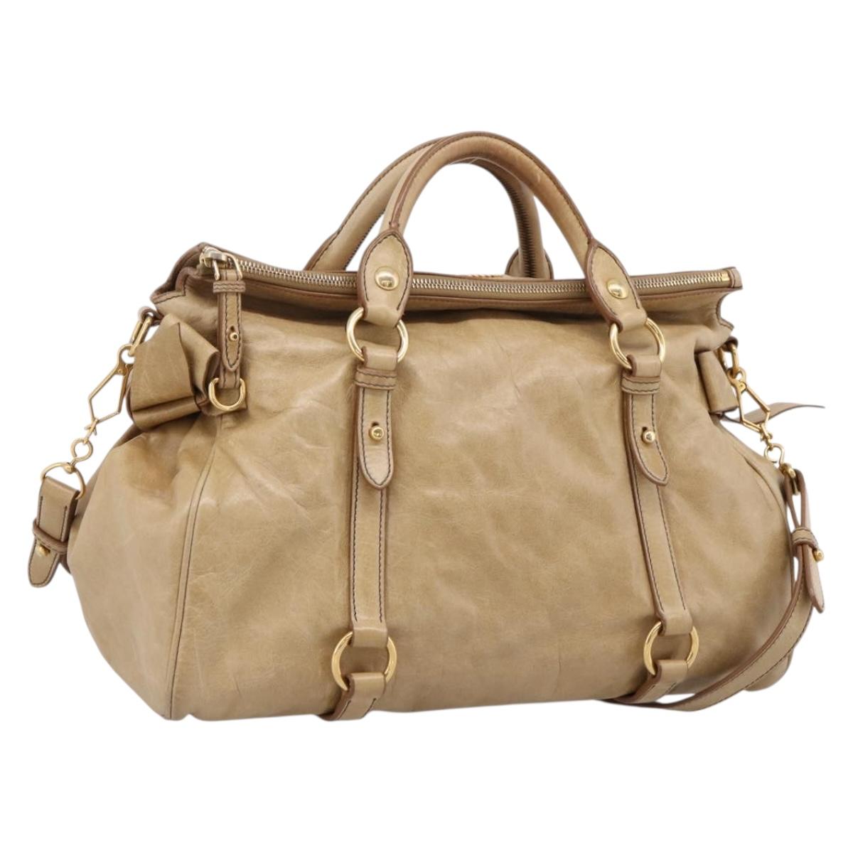 Miu Miu Hand Bag Leather 2way Beige Gold Auth 167861M