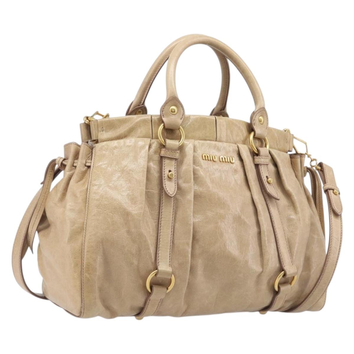 Miu Miu Hand Bag Leather 2way Beige Gold Auth 167886M