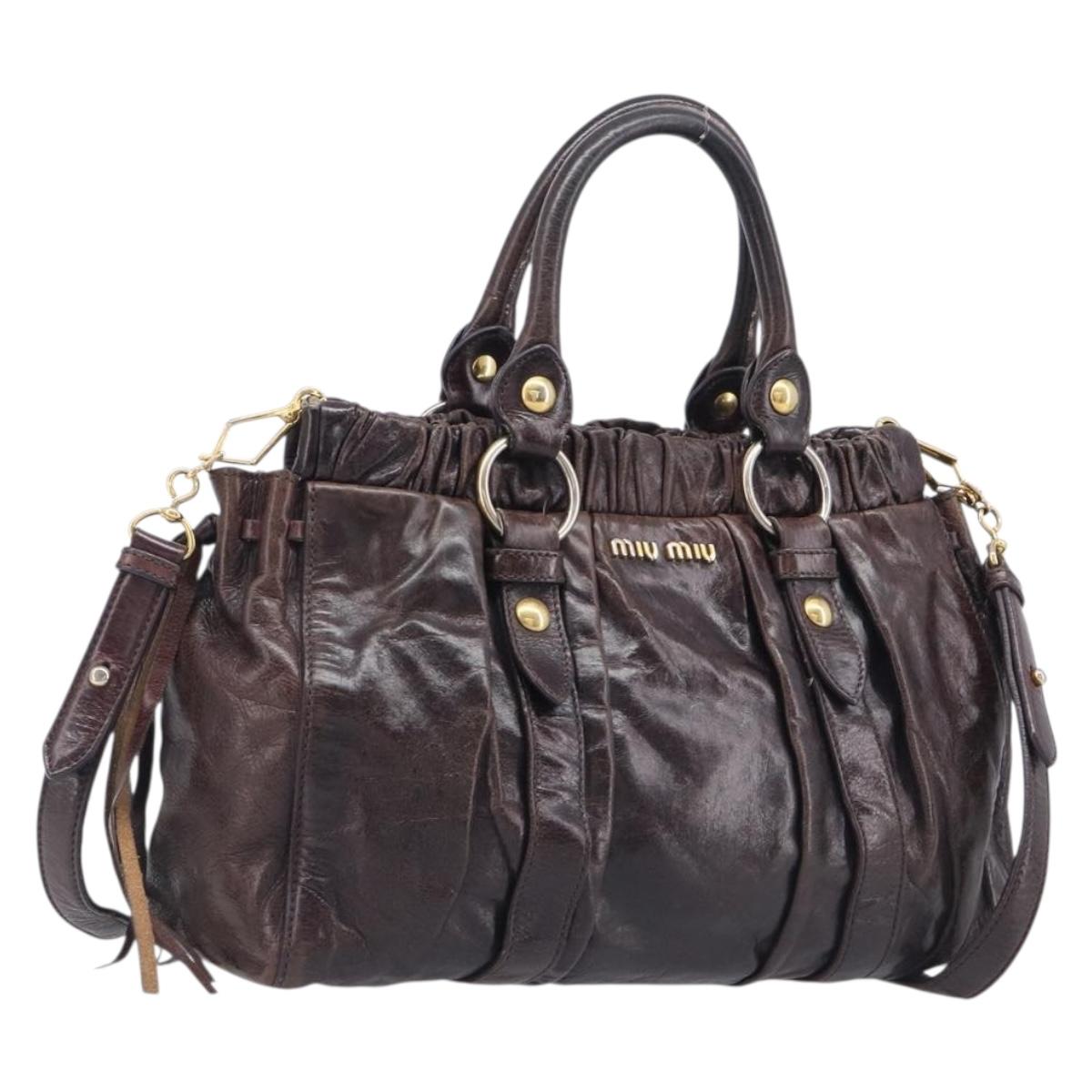 Miu Miu Hand Bag Leather 2way Brown Gold Auth 167887M