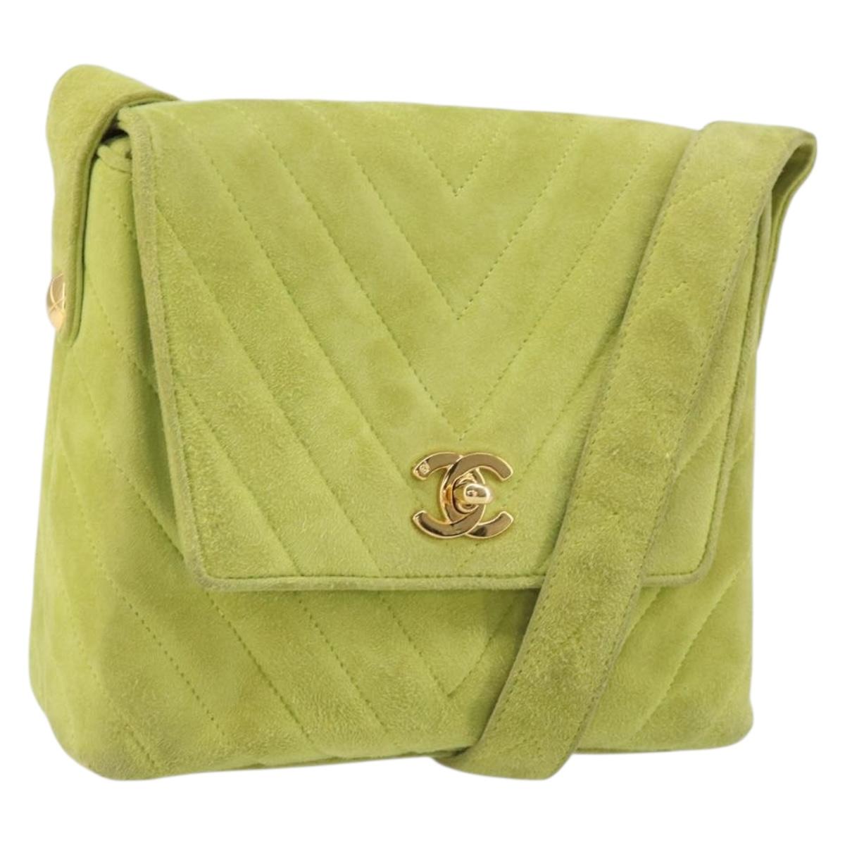 CHANEL V Stitch Shoulder Bag Suede Green Gold CC Auth 167900