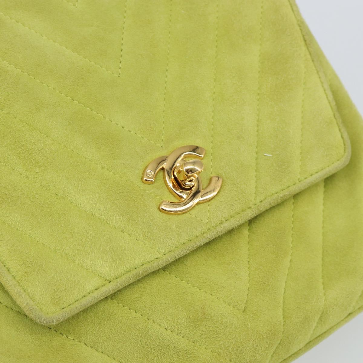 CHANEL V Stitch Shoulder Bag Suede Green Gold CC Auth 167900