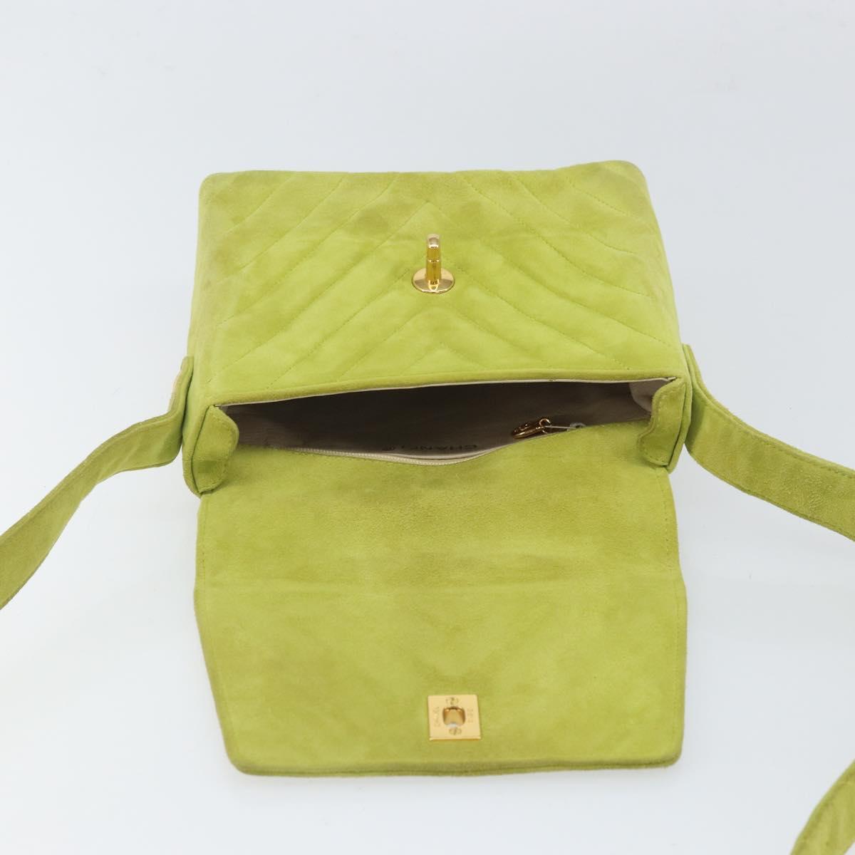 CHANEL V Stitch Shoulder Bag Suede Green Gold CC Auth 167900