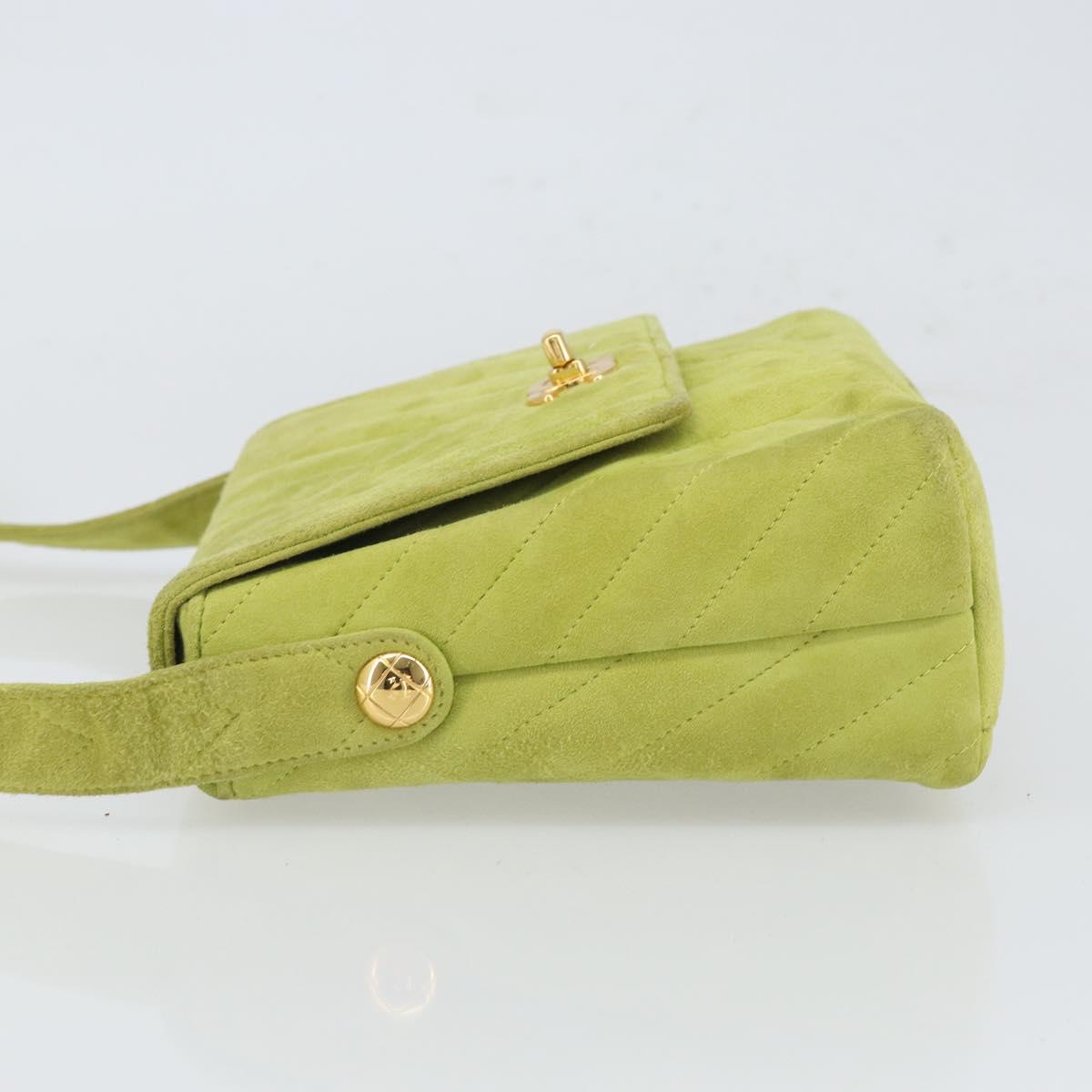 CHANEL V Stitch Shoulder Bag Suede Green Gold CC Auth 167900