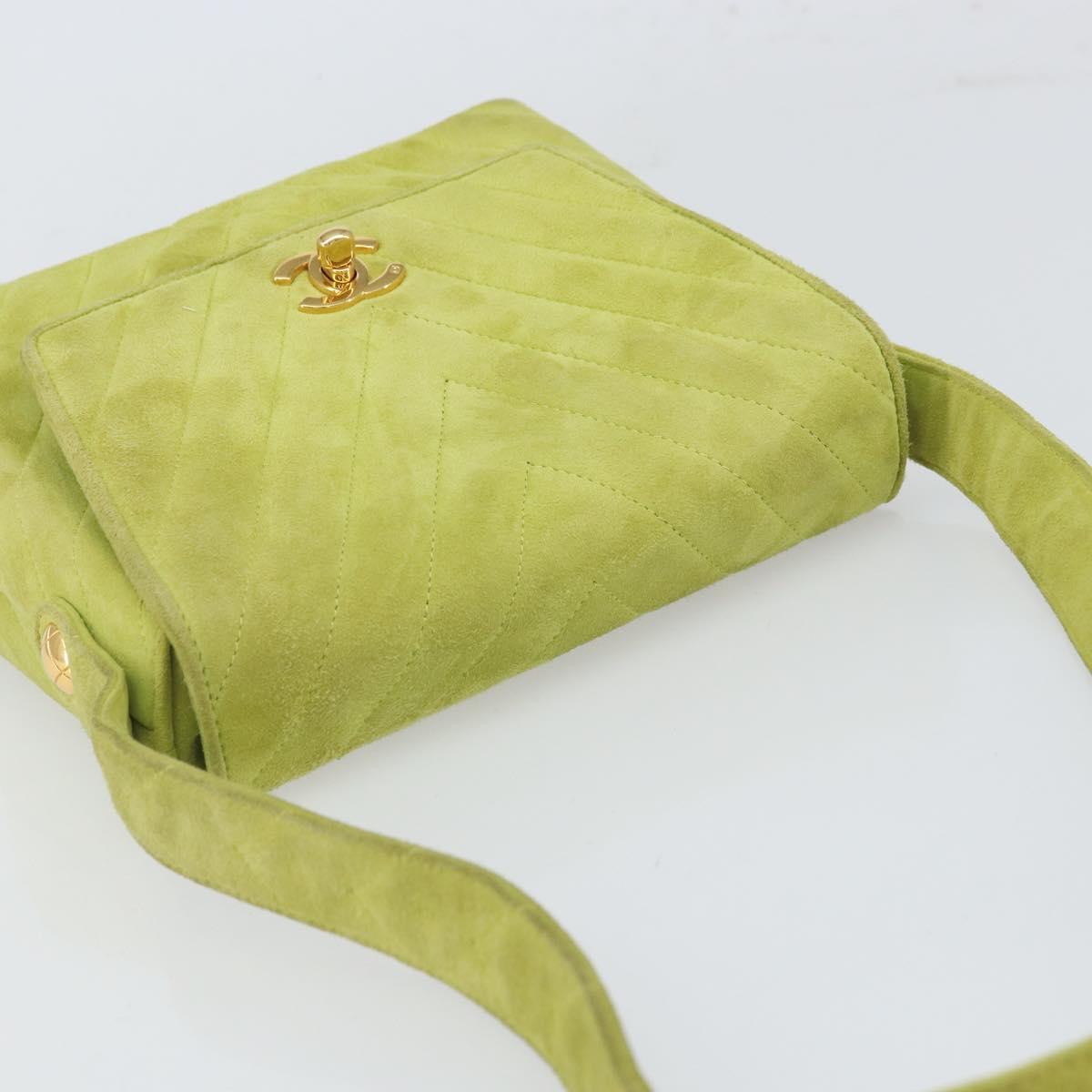 CHANEL V Stitch Shoulder Bag Suede Green Gold CC Auth 167900