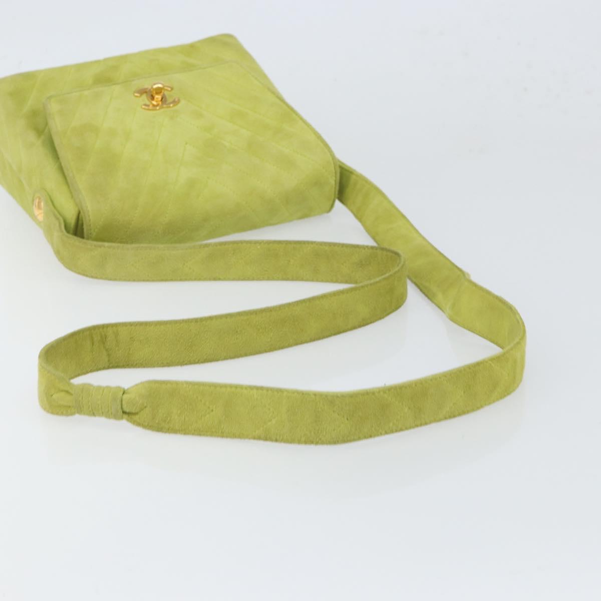 CHANEL V Stitch Shoulder Bag Suede Green Gold CC Auth 167900