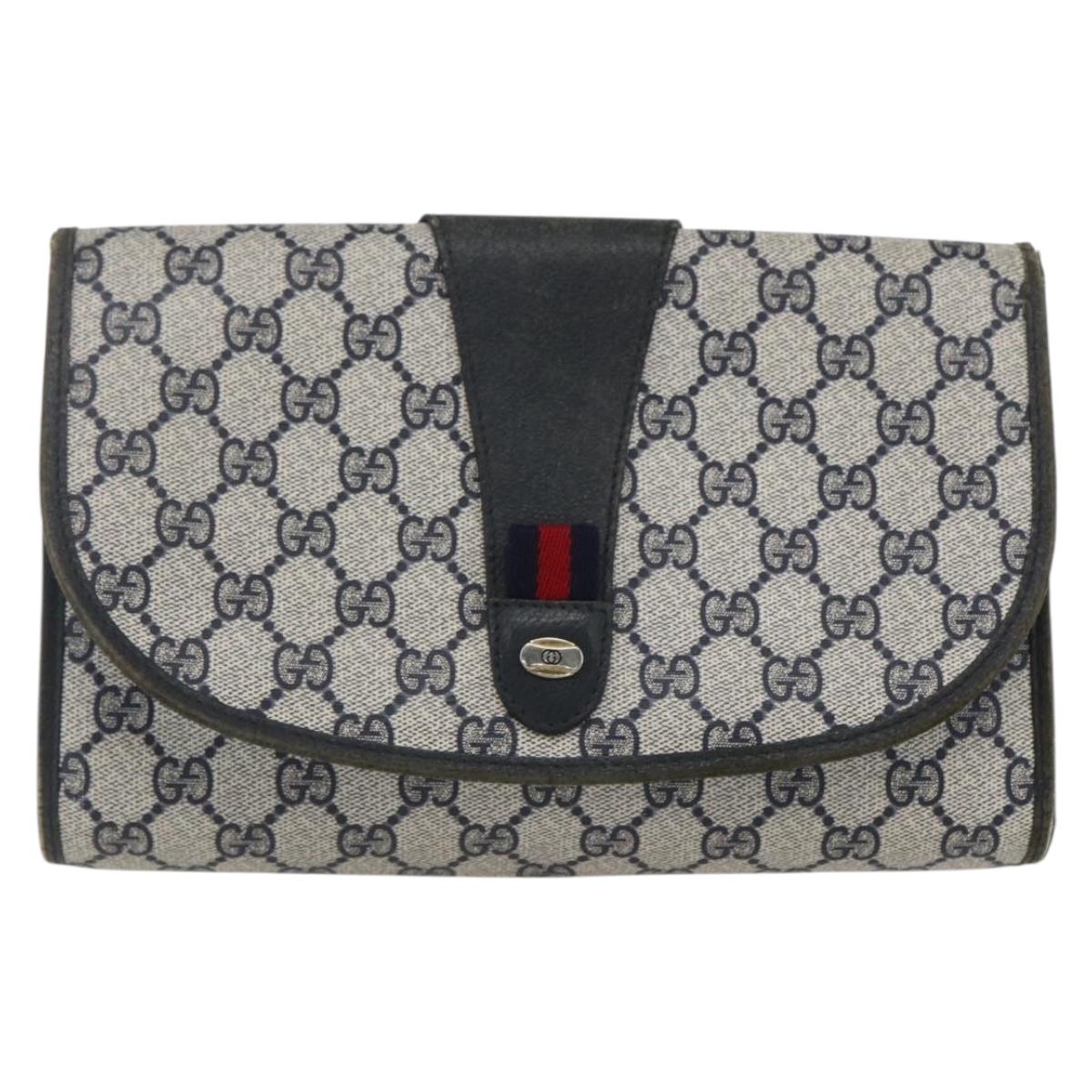 GUCCI GG Supreme Sherry Line Clutch Bag PVC Navy Gold 89 01 030 Auth 167905