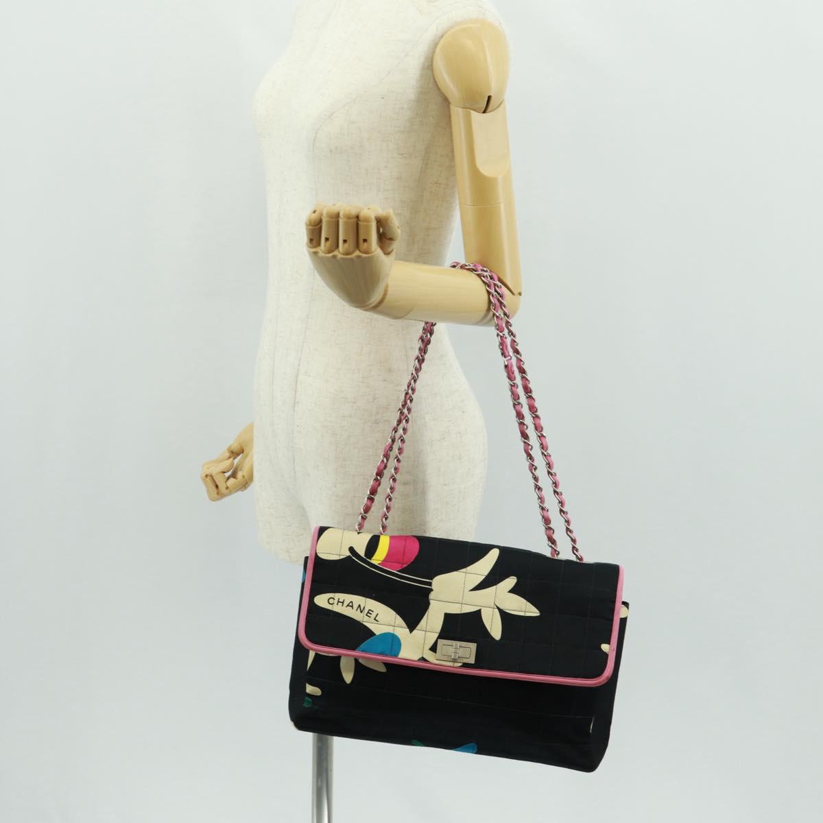 CHANEL 2.55 Chain Choco Bar Shoulder Bag Canvas Black Silver CC Auth 167915V