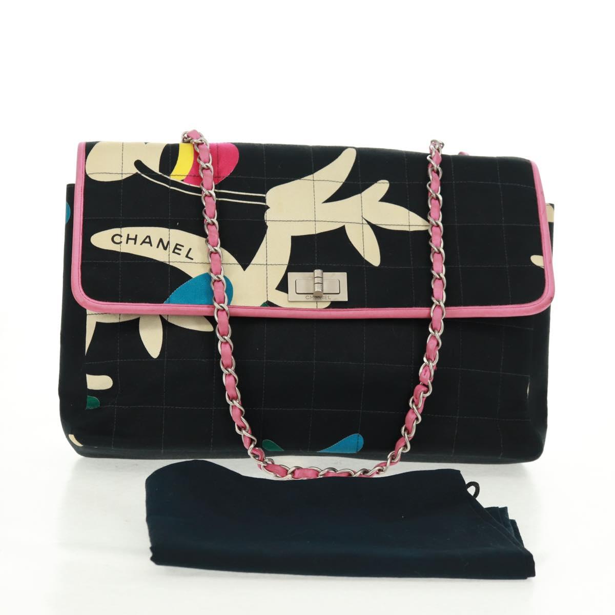 CHANEL 2.55 Chain Choco Bar Shoulder Bag Canvas Black Silver CC Auth 167915V