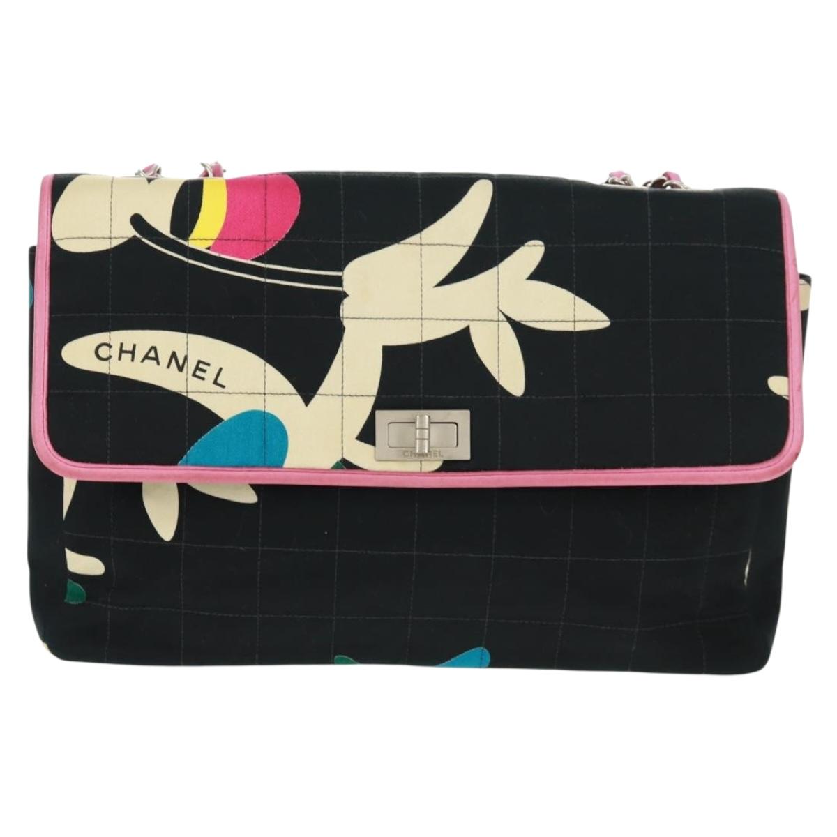 CHANEL 2.55 Chain Choco Bar Shoulder Bag Canvas Black Silver CC Auth 167915V